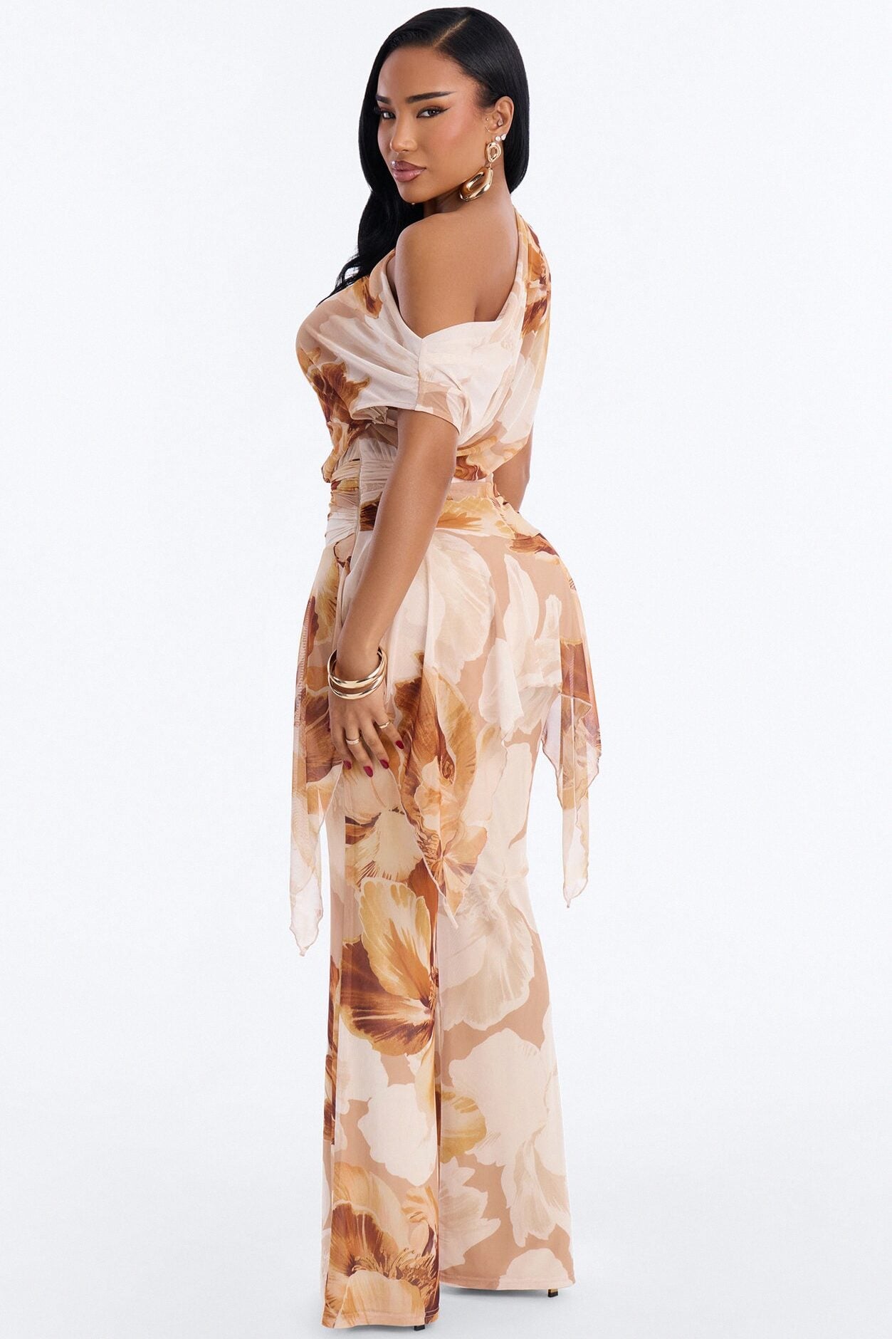 Syndi Mesh Draped Jumpsuit - Orange/combo image 3