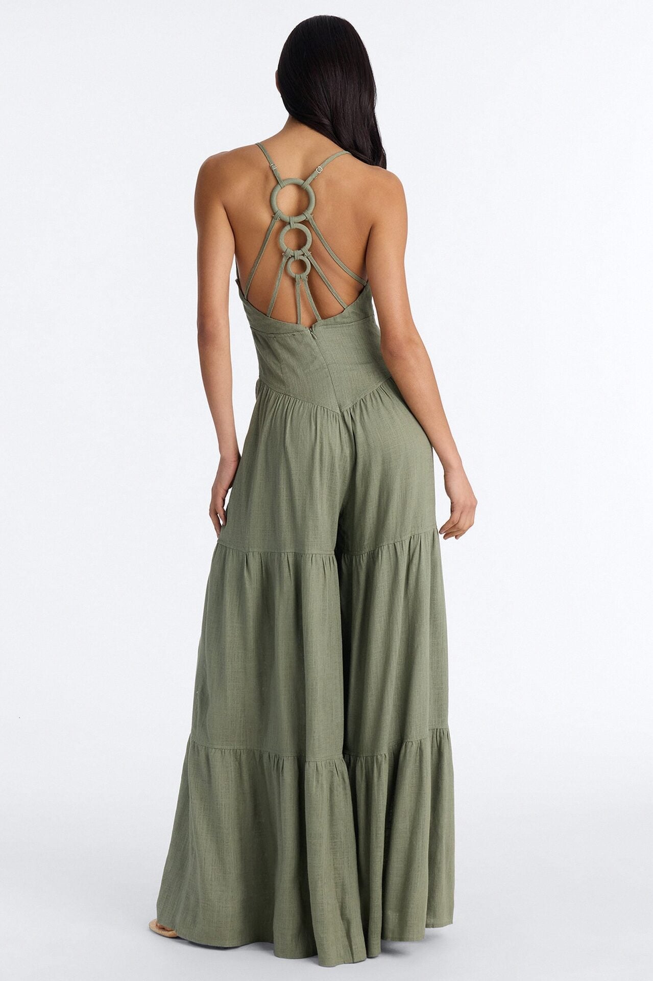 Belle Denim Tiered Wide Leg Jumpsuit - Olive image 4