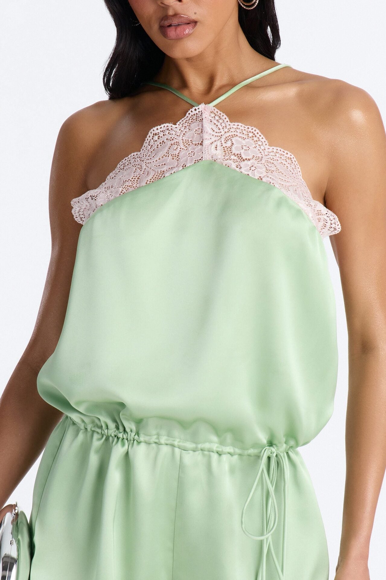 Mel Satin Lace Trim Micro Romper - Sage image 3