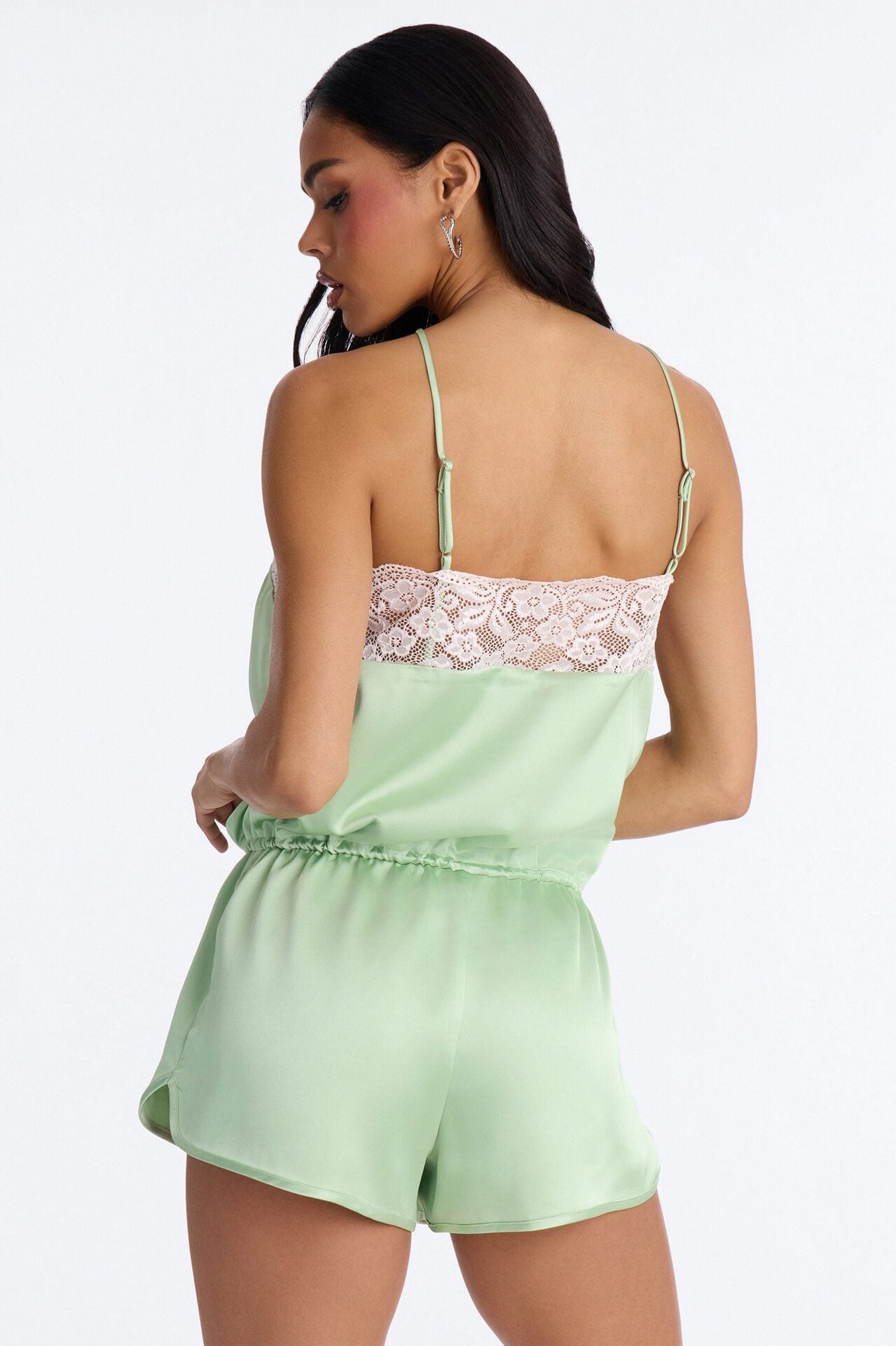 Mel Satin Lace Trim Micro Romper - Sage image 4