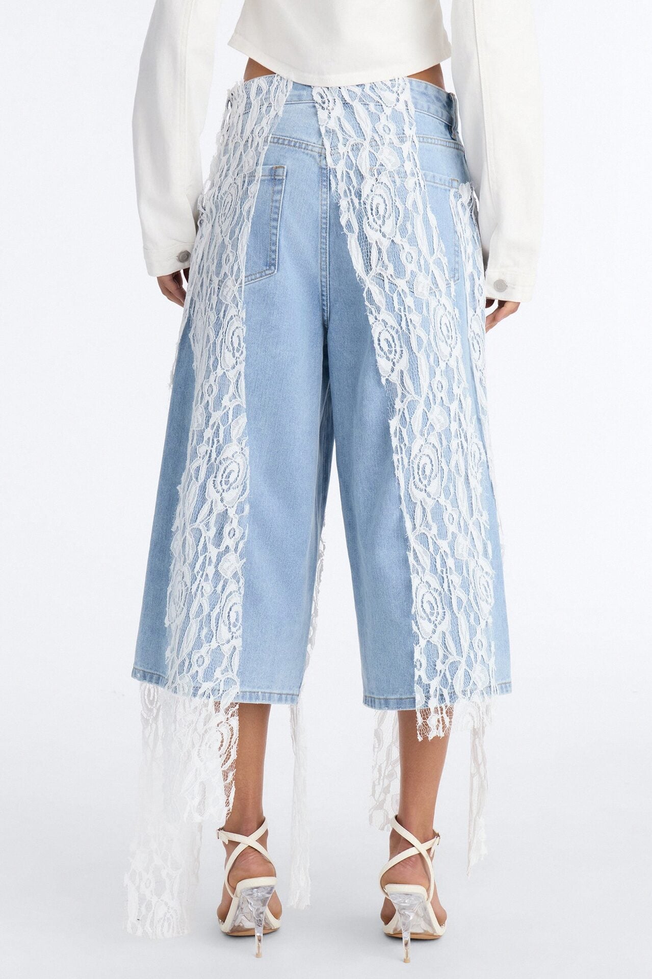 Delicate Dreams Lace Trim Culotte Jeans - Light Wash image 4