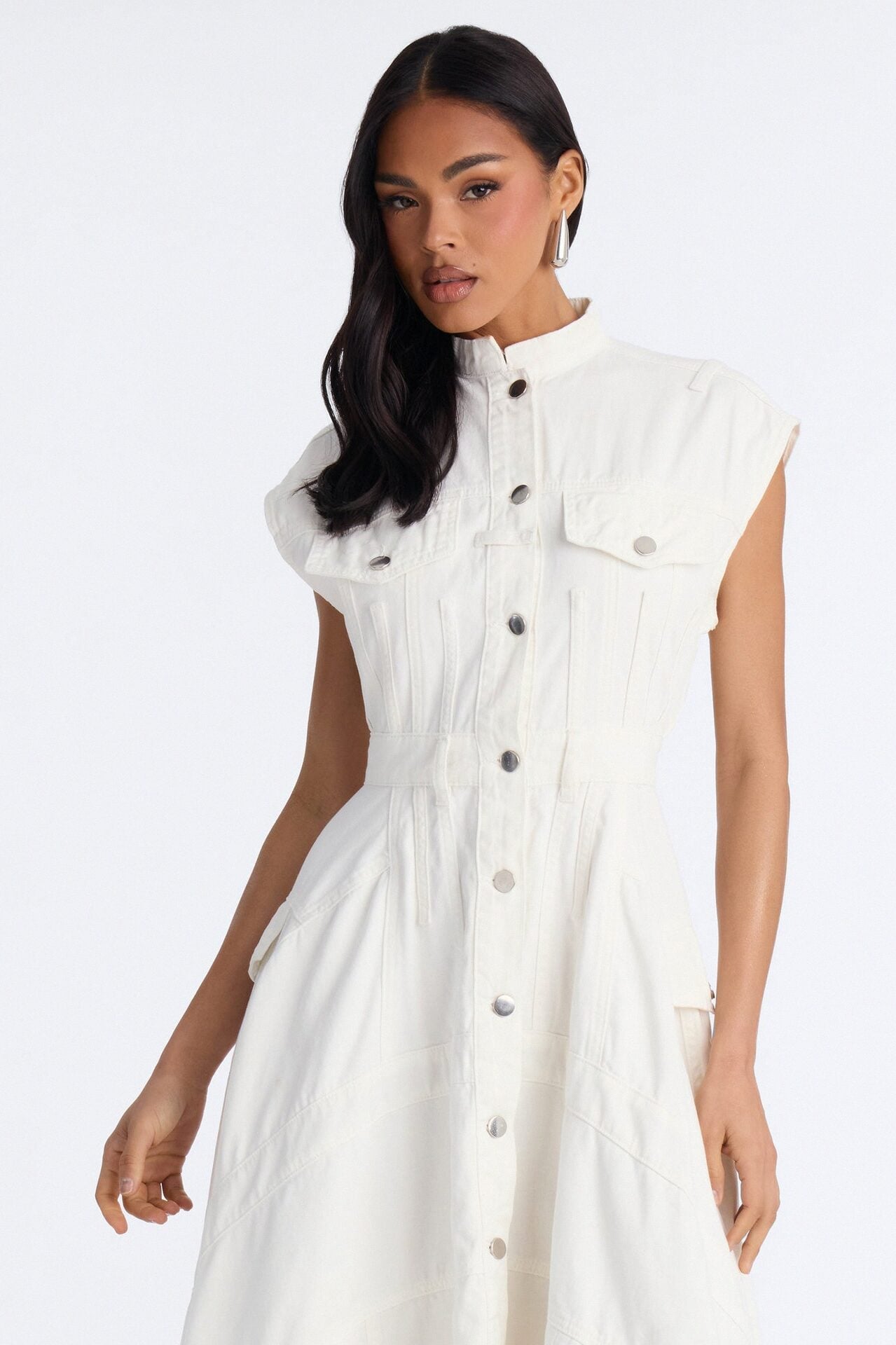 Dolly Button Up Denim Midi Dress - White image 2