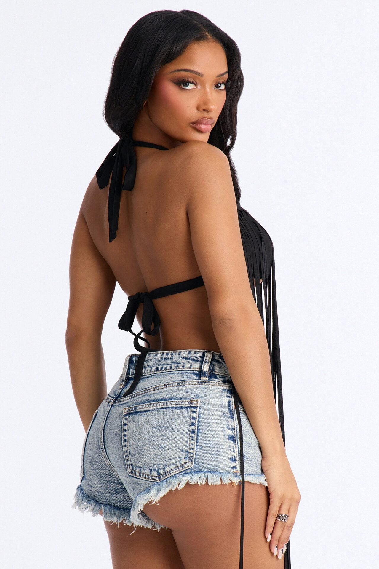 Stay Dramatic Fringe Halter Top - Black image 3