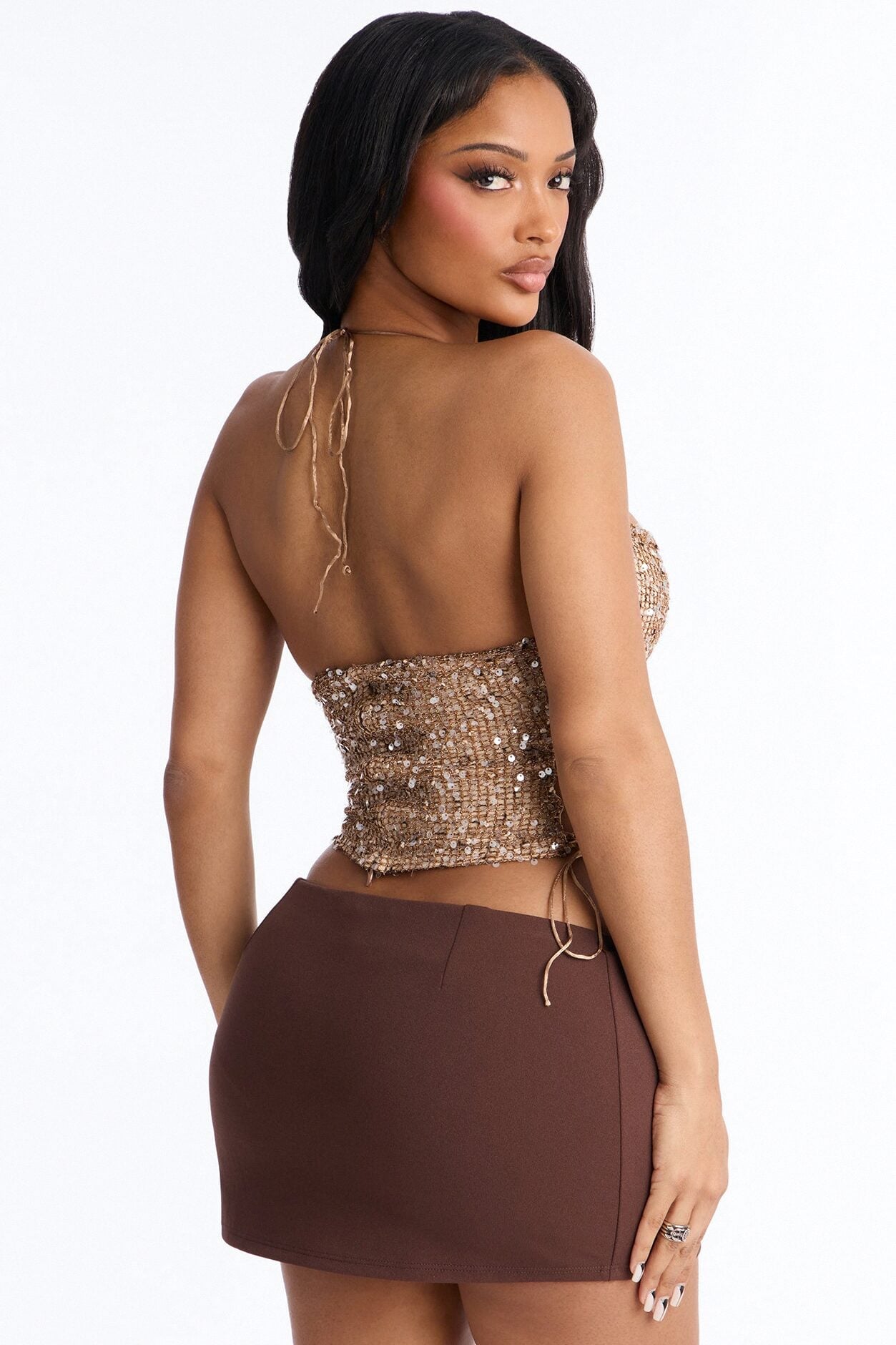 All The Glitters Lace Up Sequin Halter Top - Taupe image 4