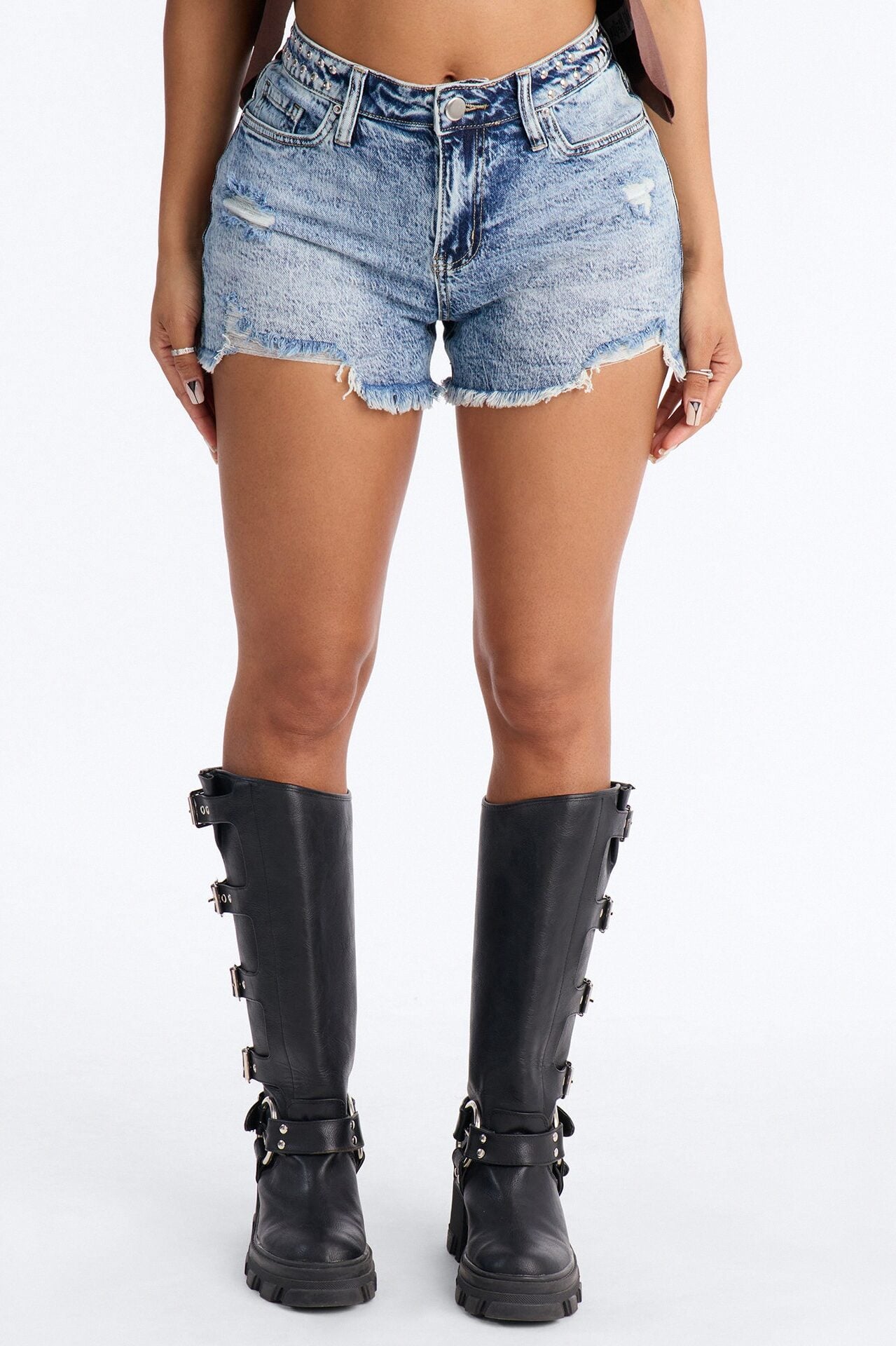 Iconic Embellished Cut Off Denim Shorts - Medium Wash image 3