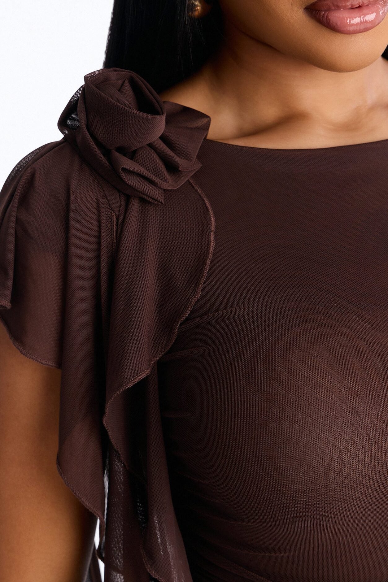 Haley Ruffle Mesh Cap Sleeve Bodysuit - Chocolate image 4