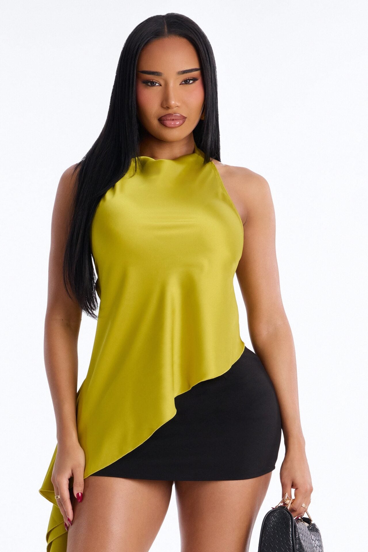 This Is The Look Asymmetrical Ruffle Satin Halter Top - Chartreuse image 2