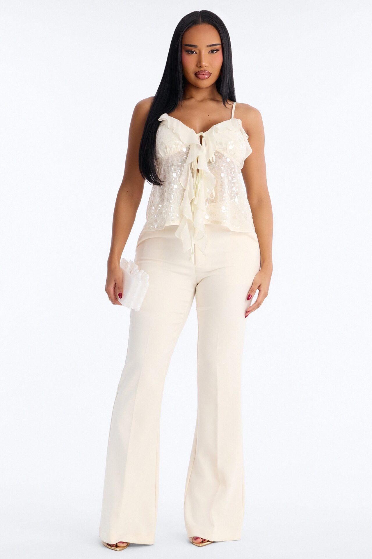 Sparkle Now Sleep Later Ruffle Sequin Flyaway Top - Cream image 2