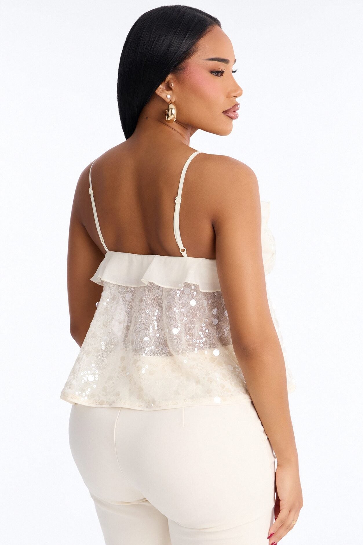 Sparkle Now Sleep Later Ruffle Sequin Flyaway Top - Cream image 4