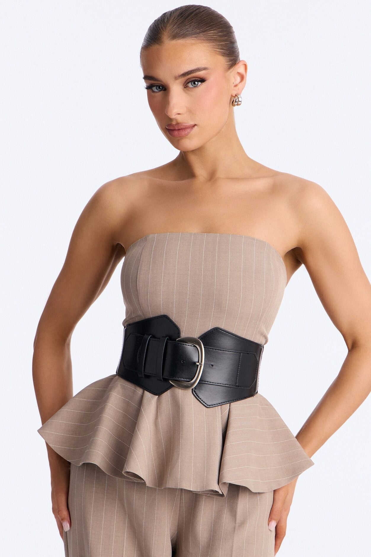 Jessa Pinstripe Belted Wide Leg - Taupe image 2