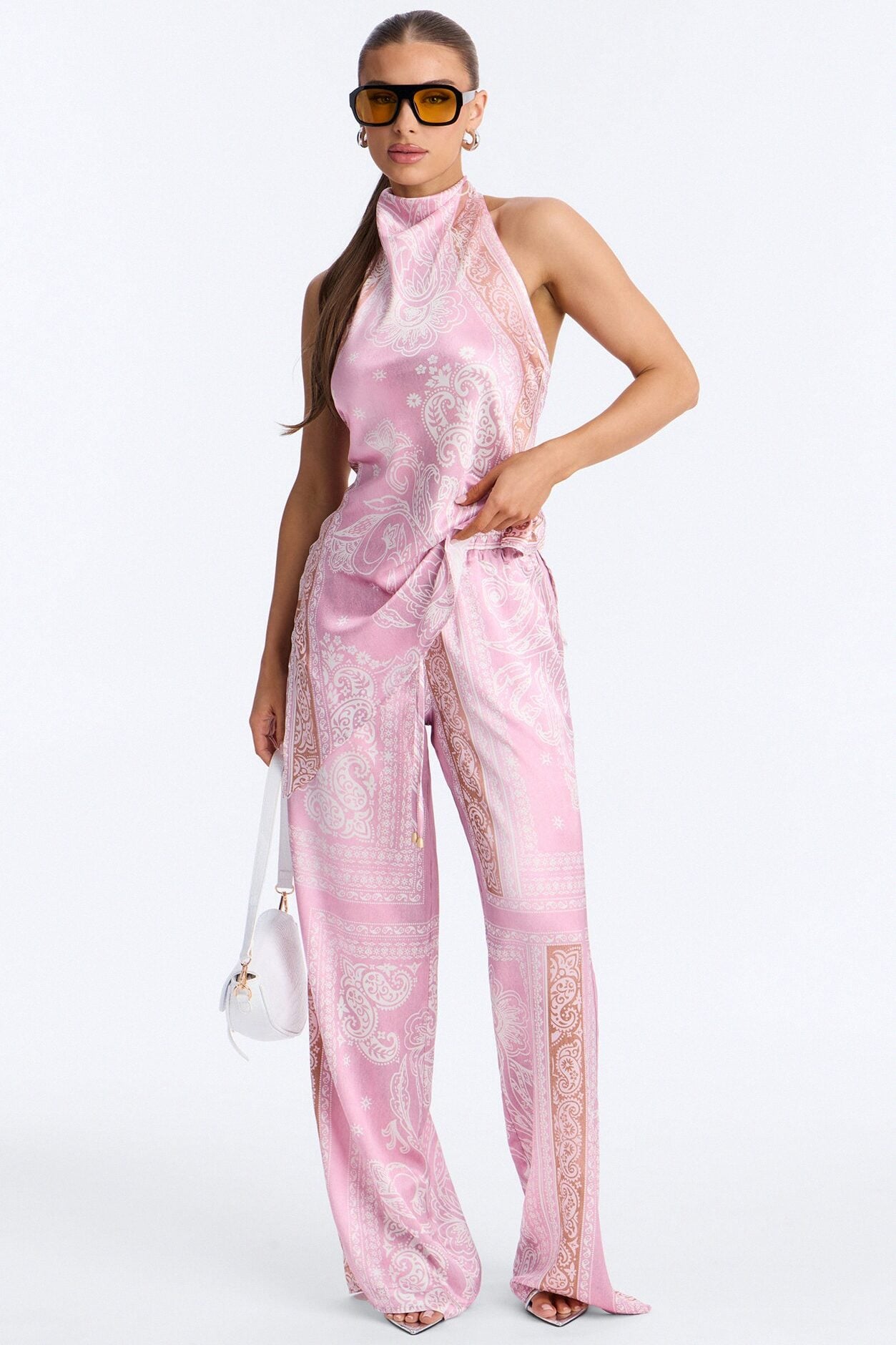 So Classy Hi Neck Paisley Satin Pant Set - Pink image 2