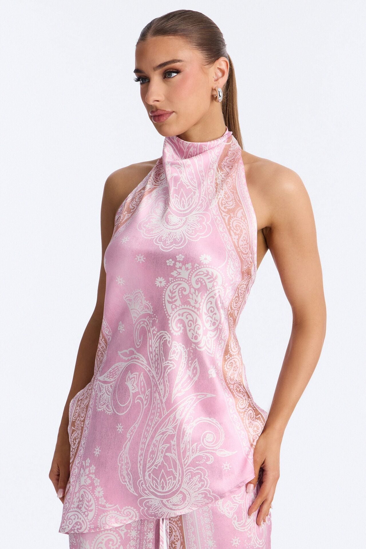 So Classy Hi Neck Paisley Satin Pant Set - Pink image 3