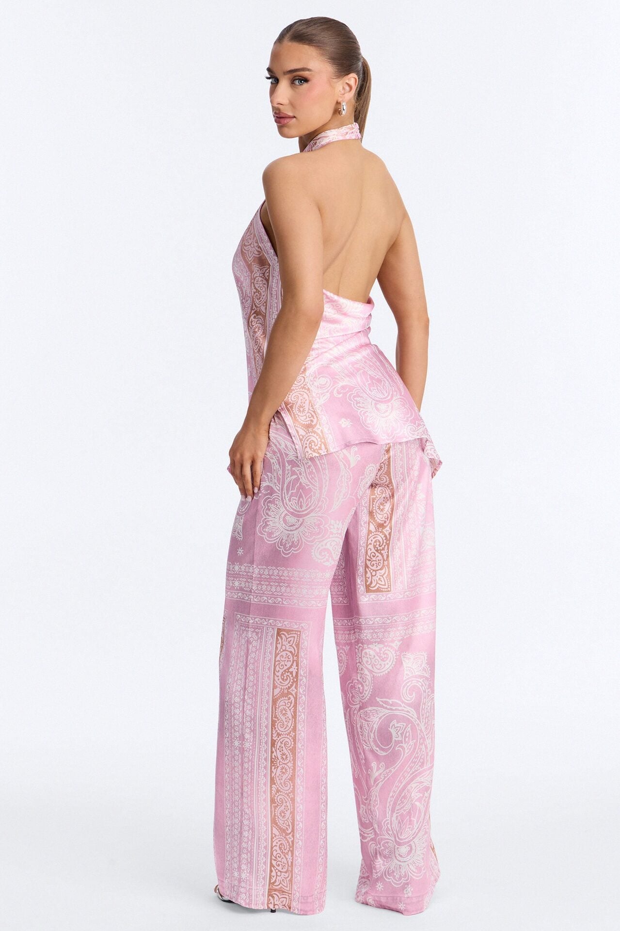 So Classy Hi Neck Paisley Satin Pant Set - Pink image 5