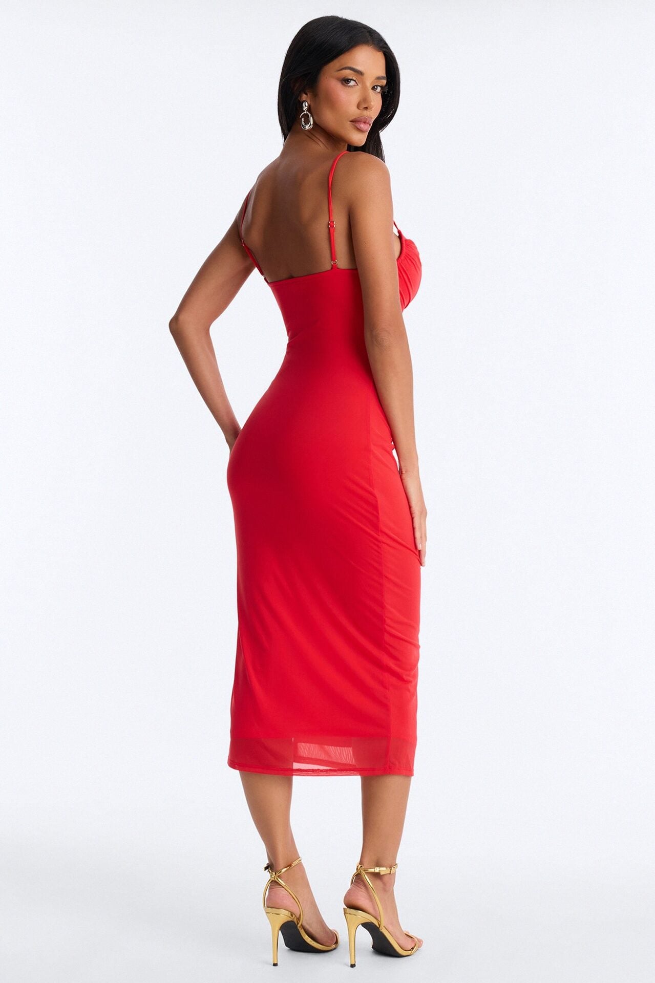 Megan Ruched Mesh Midi Dress - Red image 4