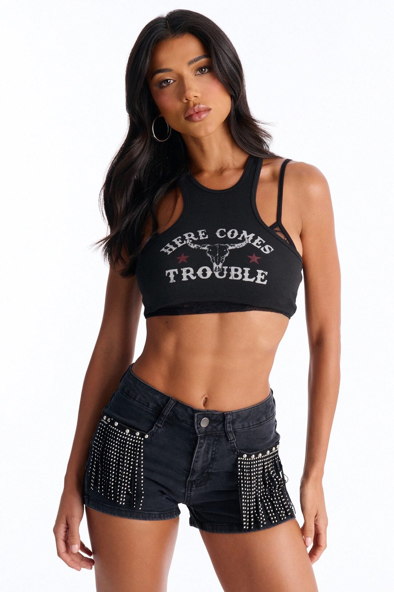 Here Comes Trouble 2Fer Cropped Tank - Black image 2