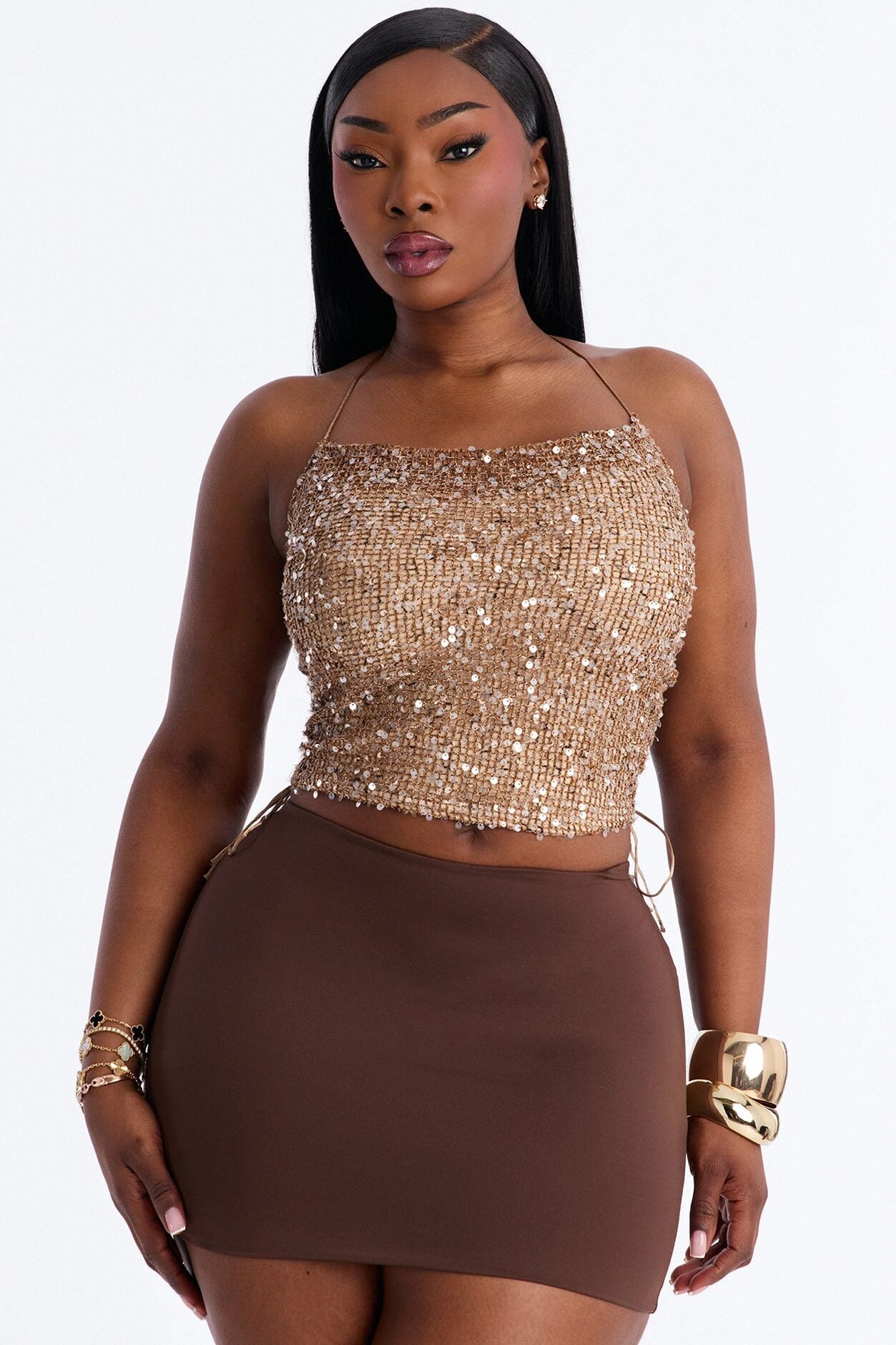 All The Glitters Lace Up Sequin Halter Top - Taupe image 6