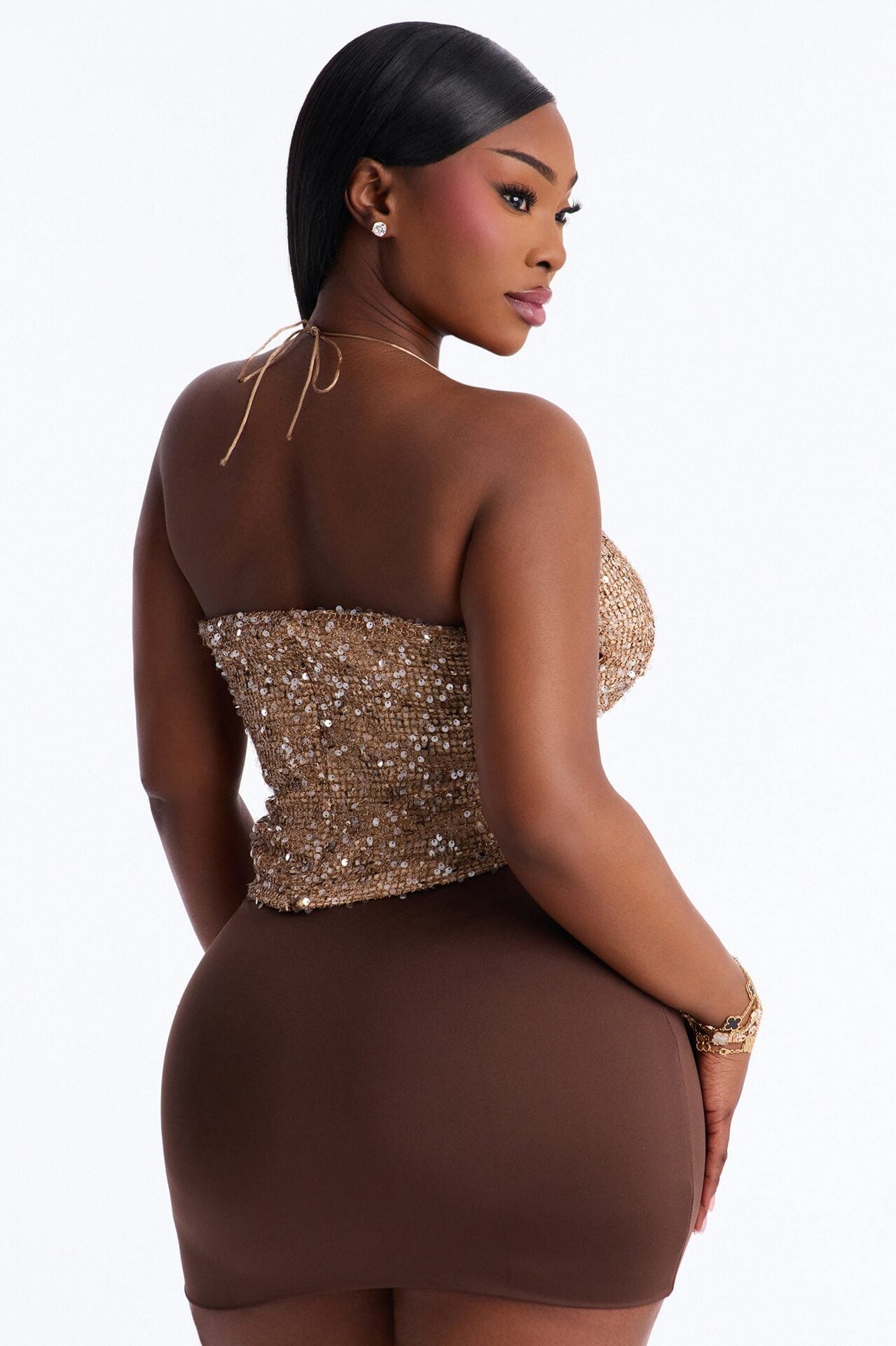 All The Glitters Lace Up Sequin Halter Top - Taupe image 9