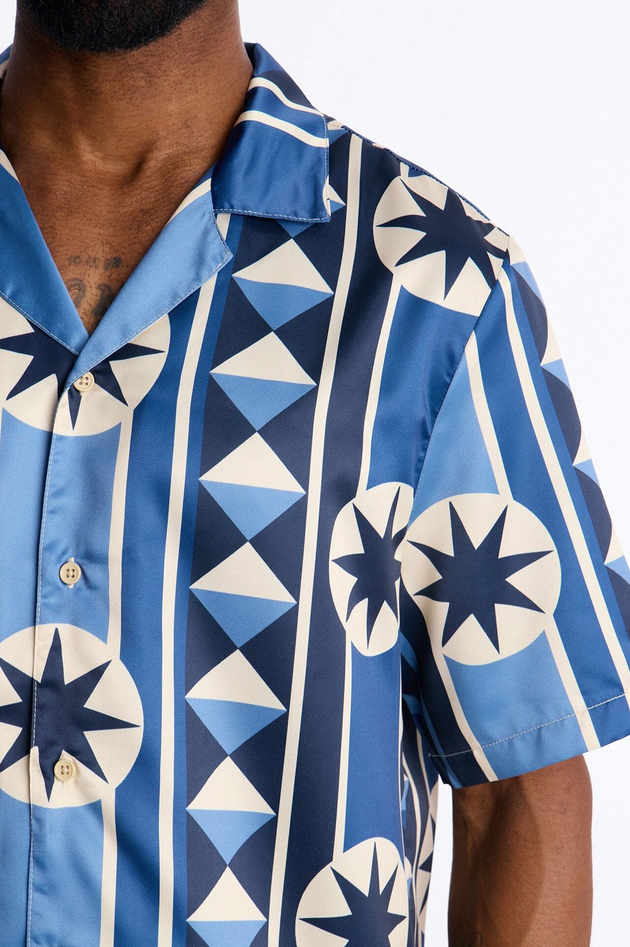 Toscana Geo Cuban Collar Shirt - Blue image 3