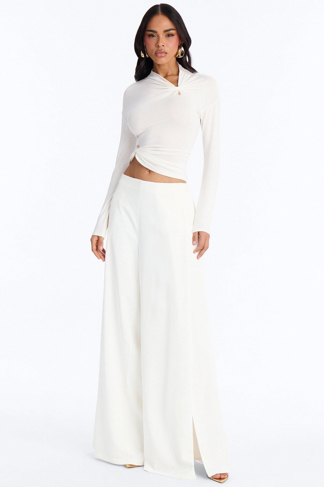 Pin Me Asymmetrical Neck Long Sleeve Top - White image 2
