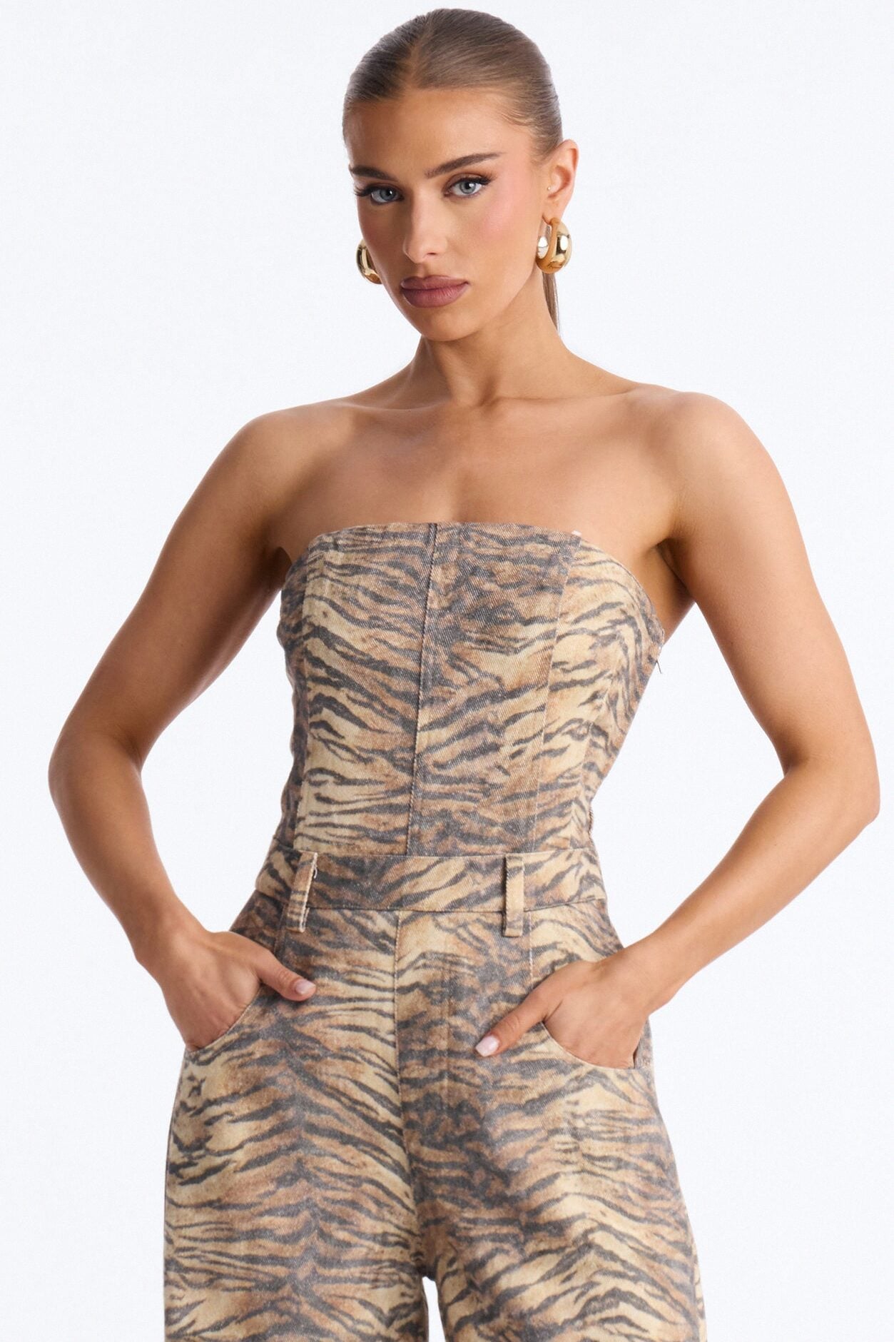 Urban Safari Denim Wide Leg Jumpsuit - Brown image 2