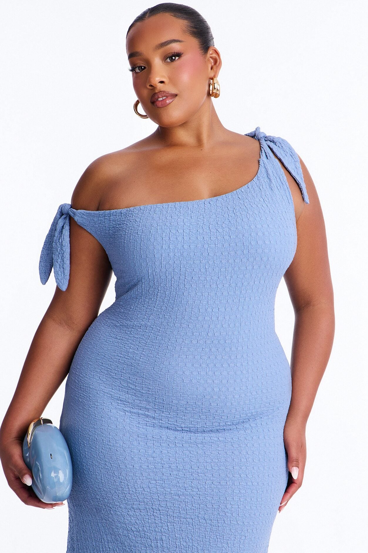 Crystal One Shoulder Textured Midi Dress - Blue image 5
