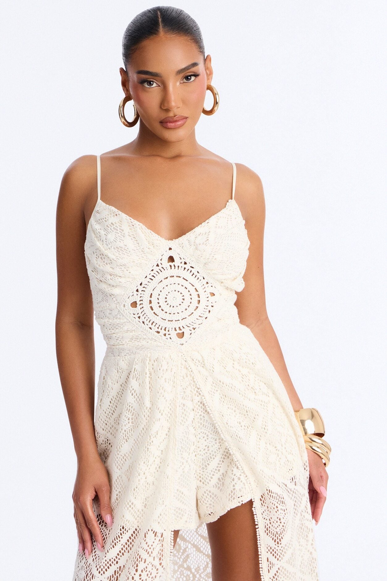 Flower Child Crochet Draped Romper - Cream image 2