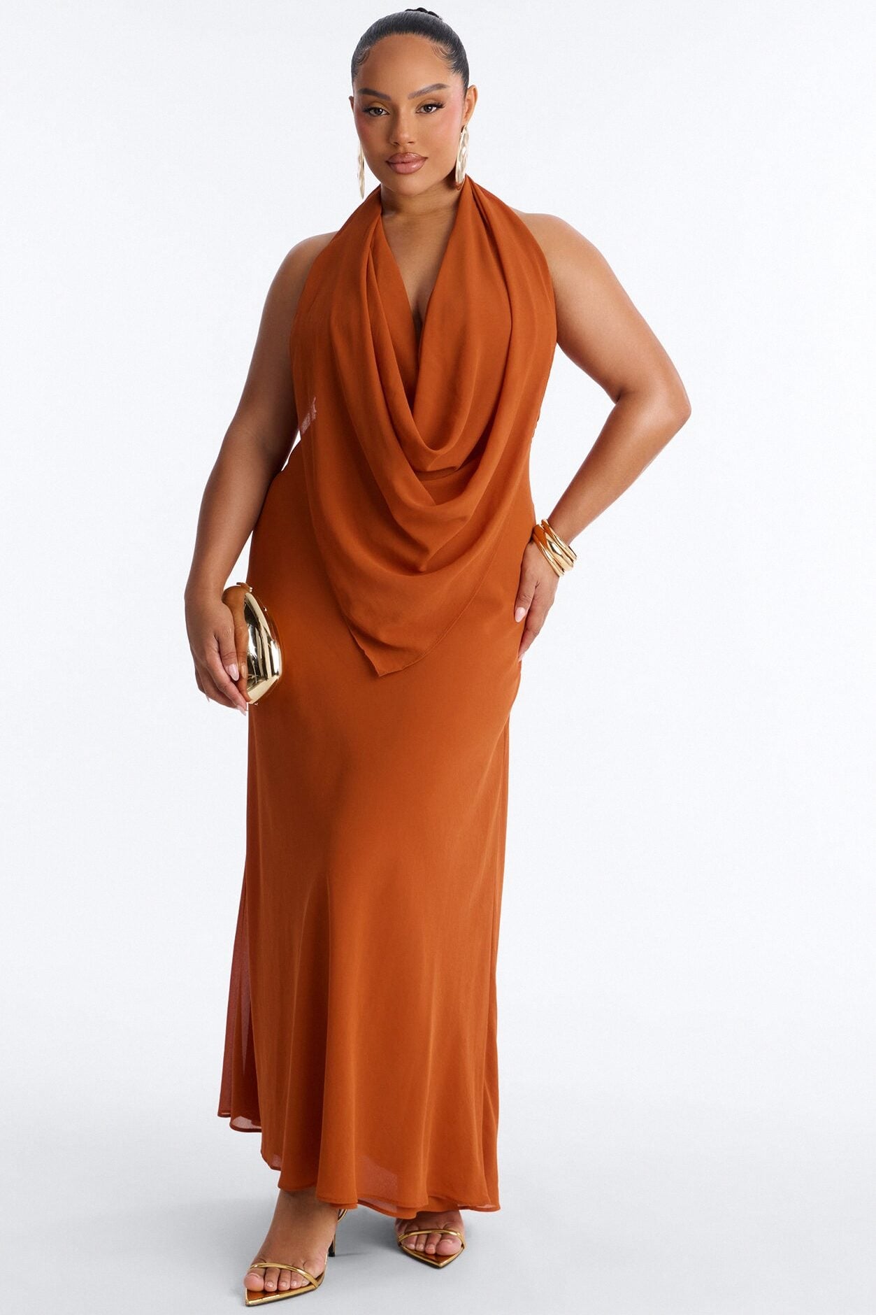 Indyah Draped Chiffon Maxi Dress - Cognac image 5