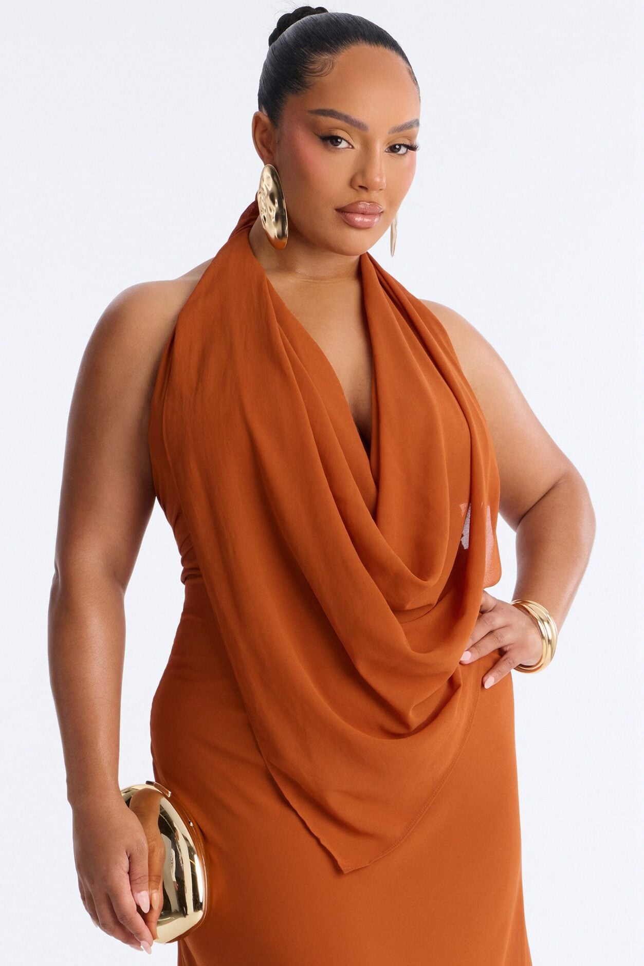 Indyah Draped Chiffon Maxi Dress - Cognac image 6