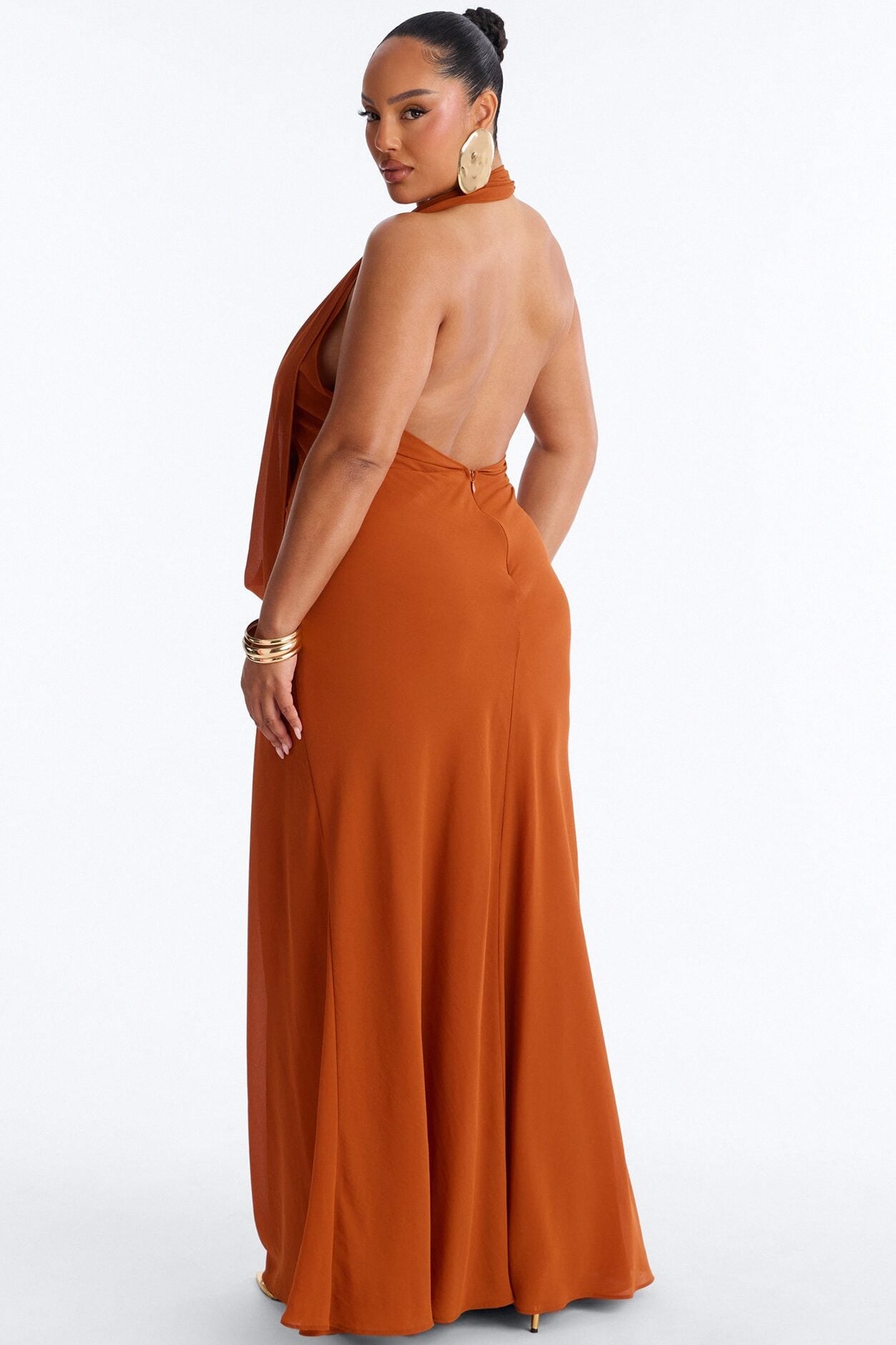 Indyah Draped Chiffon Maxi Dress - Cognac image 8