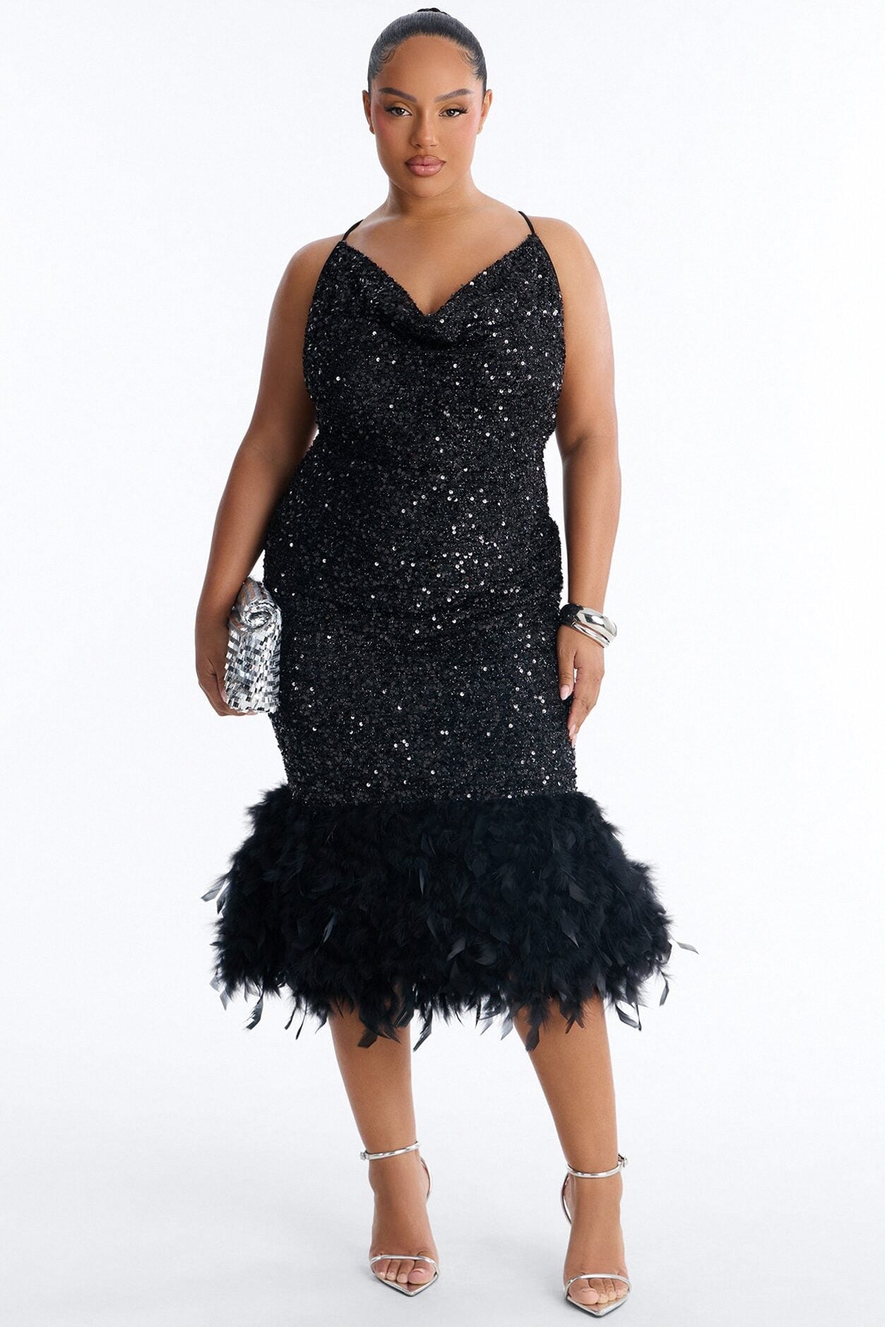 Zoey Feathered Sequin Midi Dress - Black image 4