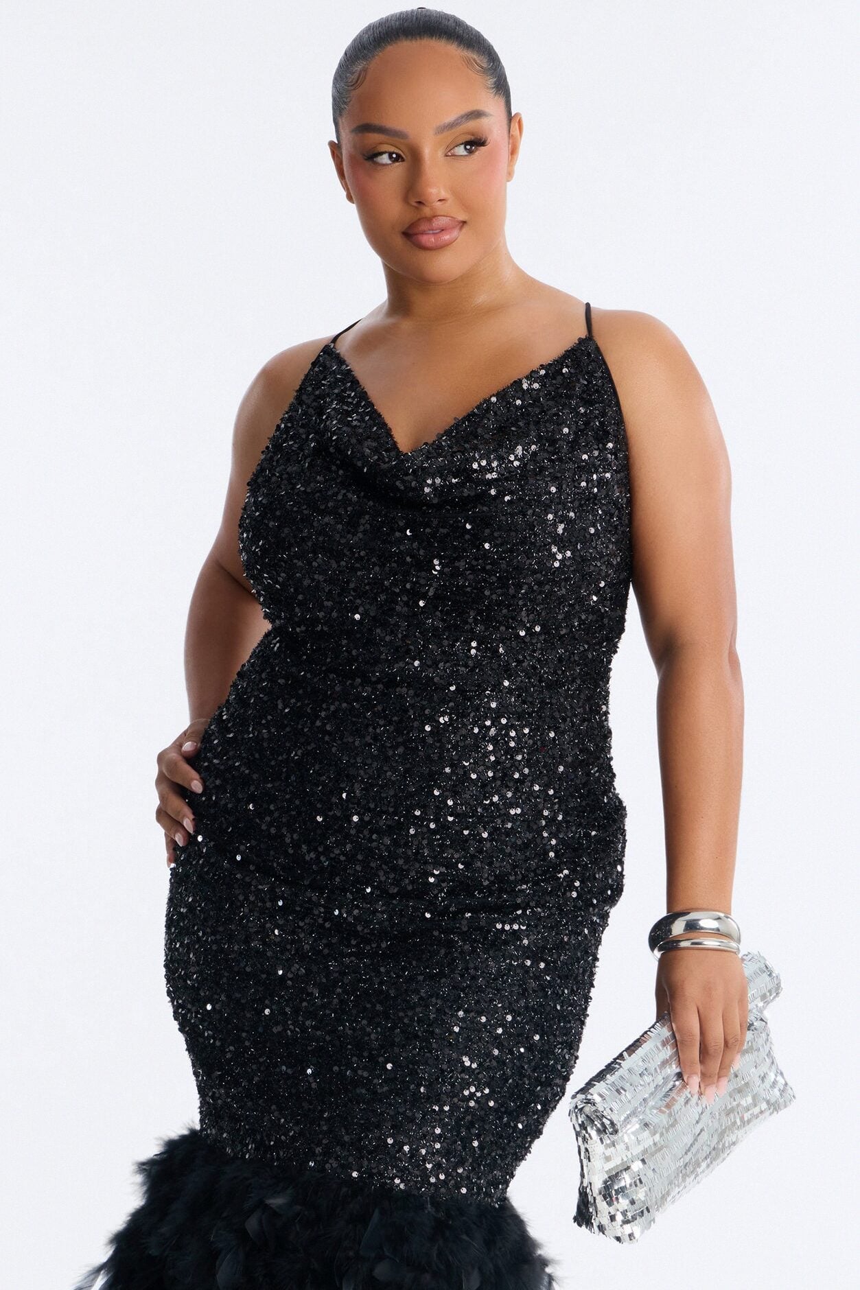 Zoey Feathered Sequin Midi Dress - Black image 5
