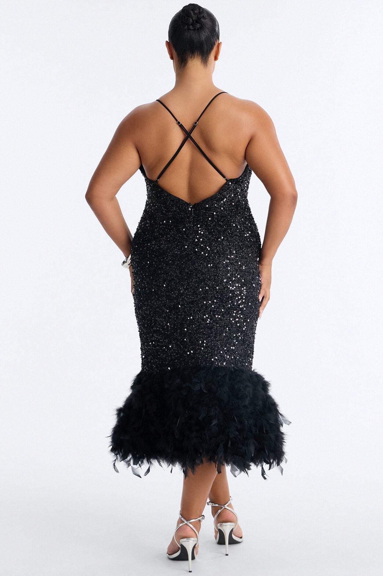 Zoey Feathered Sequin Midi Dress - Black image 7