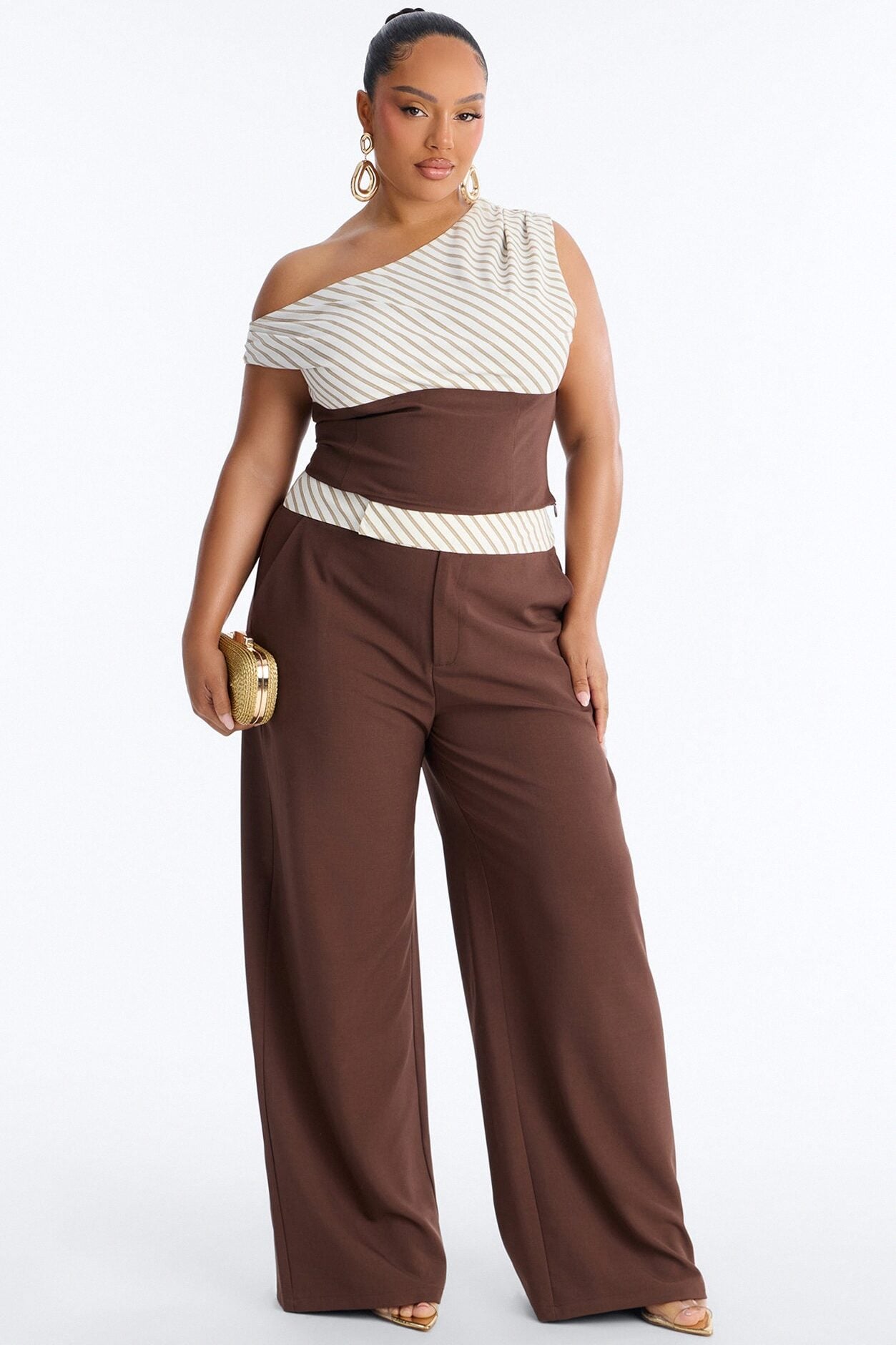 Georgia Striped Off The Shoulder Pant Set - Brown image 5
