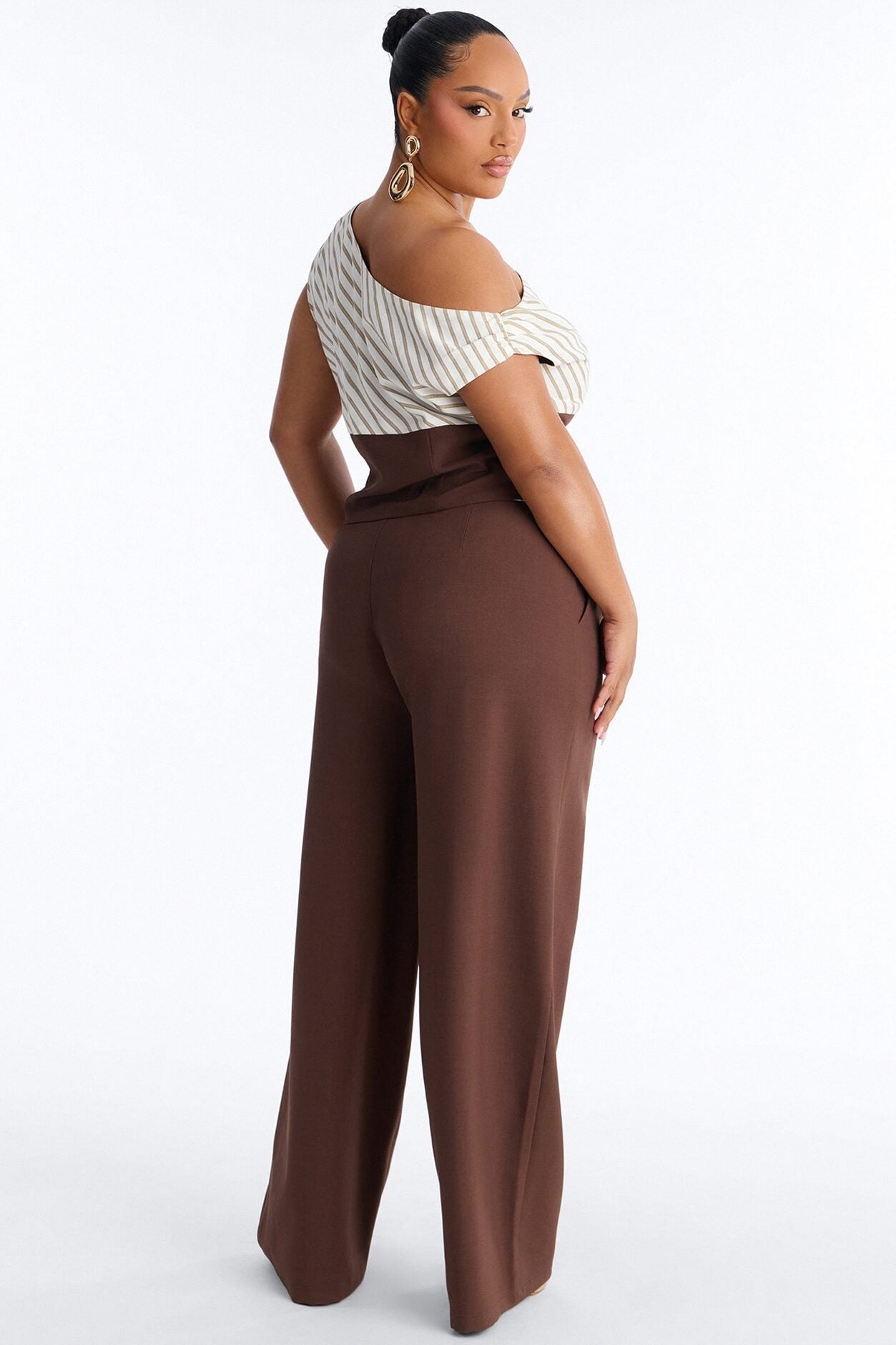 Georgia Striped Off The Shoulder Pant Set - Brown image 8