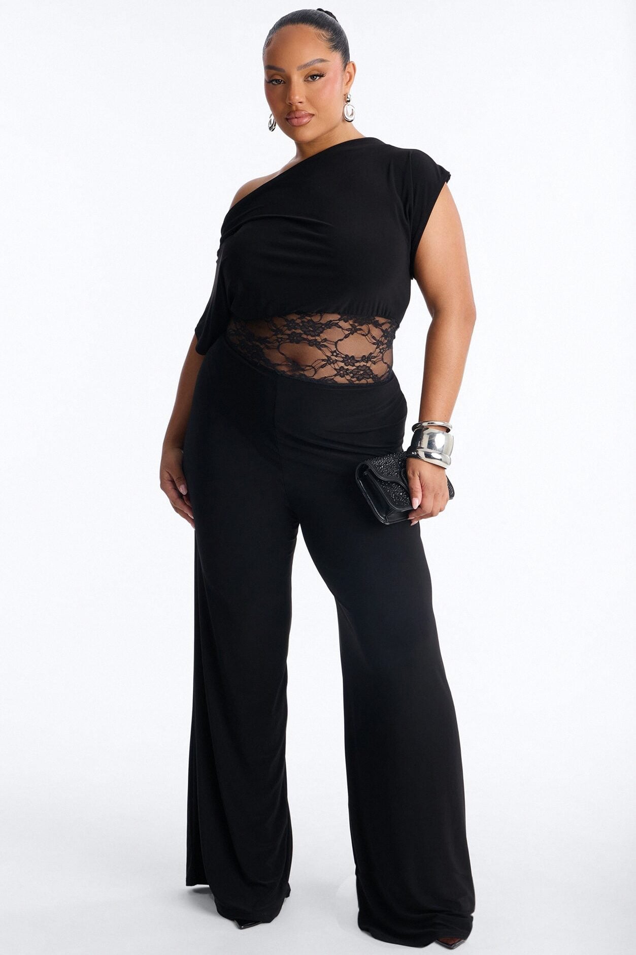 Isla Lace Trim Off Shoulder Jumpsuit - Black image 4
