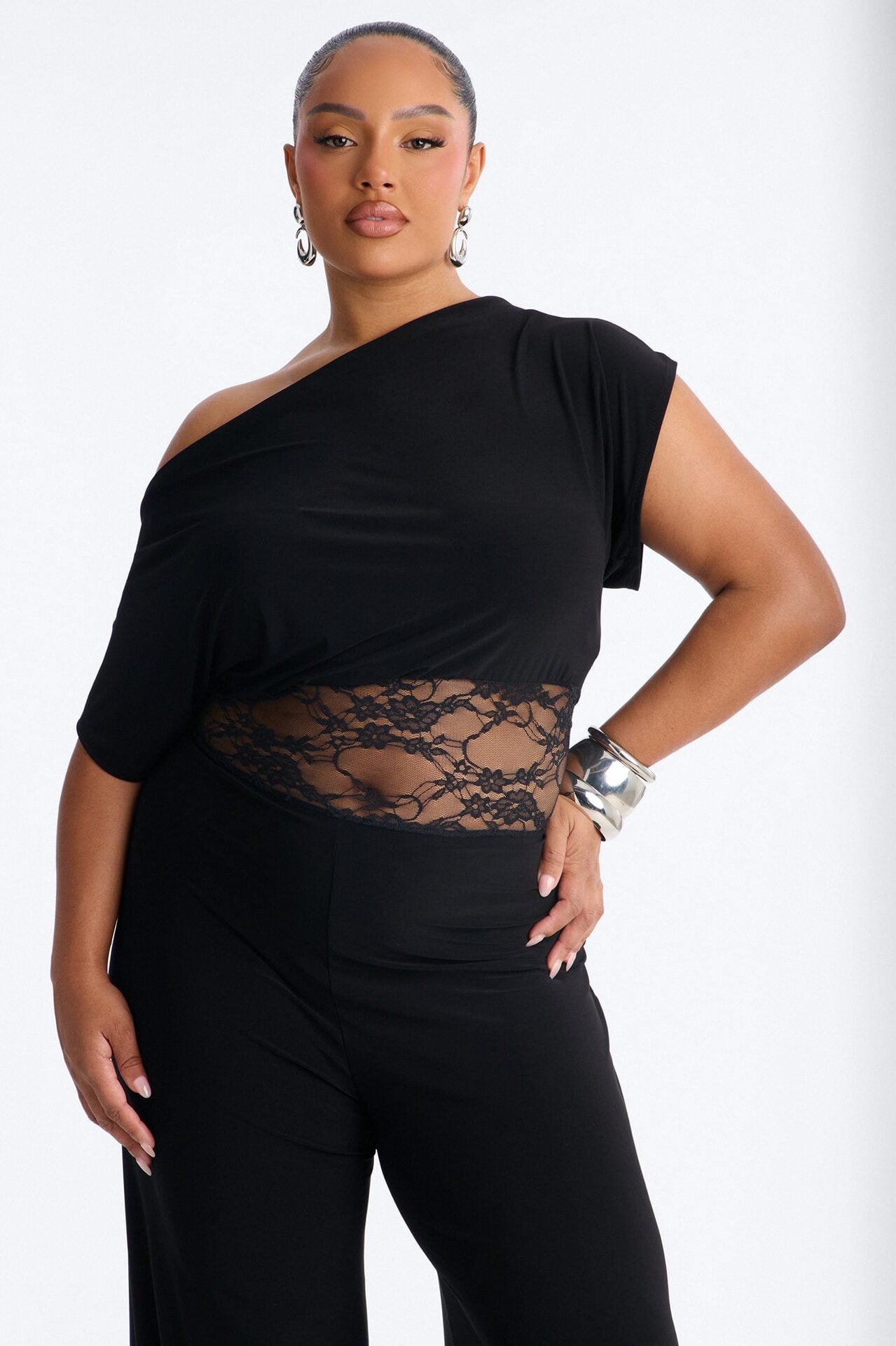 Isla Lace Trim Off Shoulder Jumpsuit - Black image 5