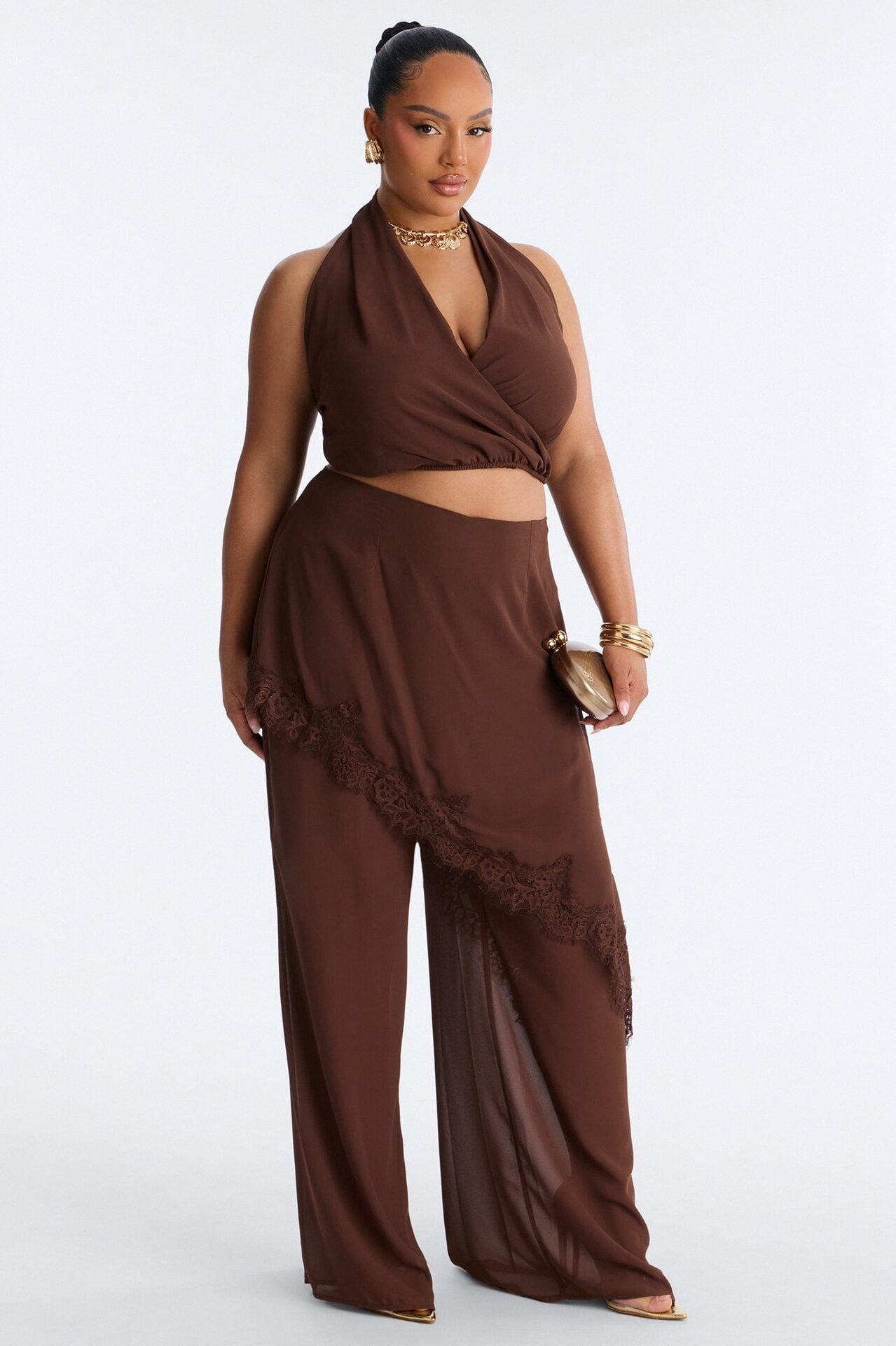 Current Mood Chiffon Halter Pant Set - Brown image 6