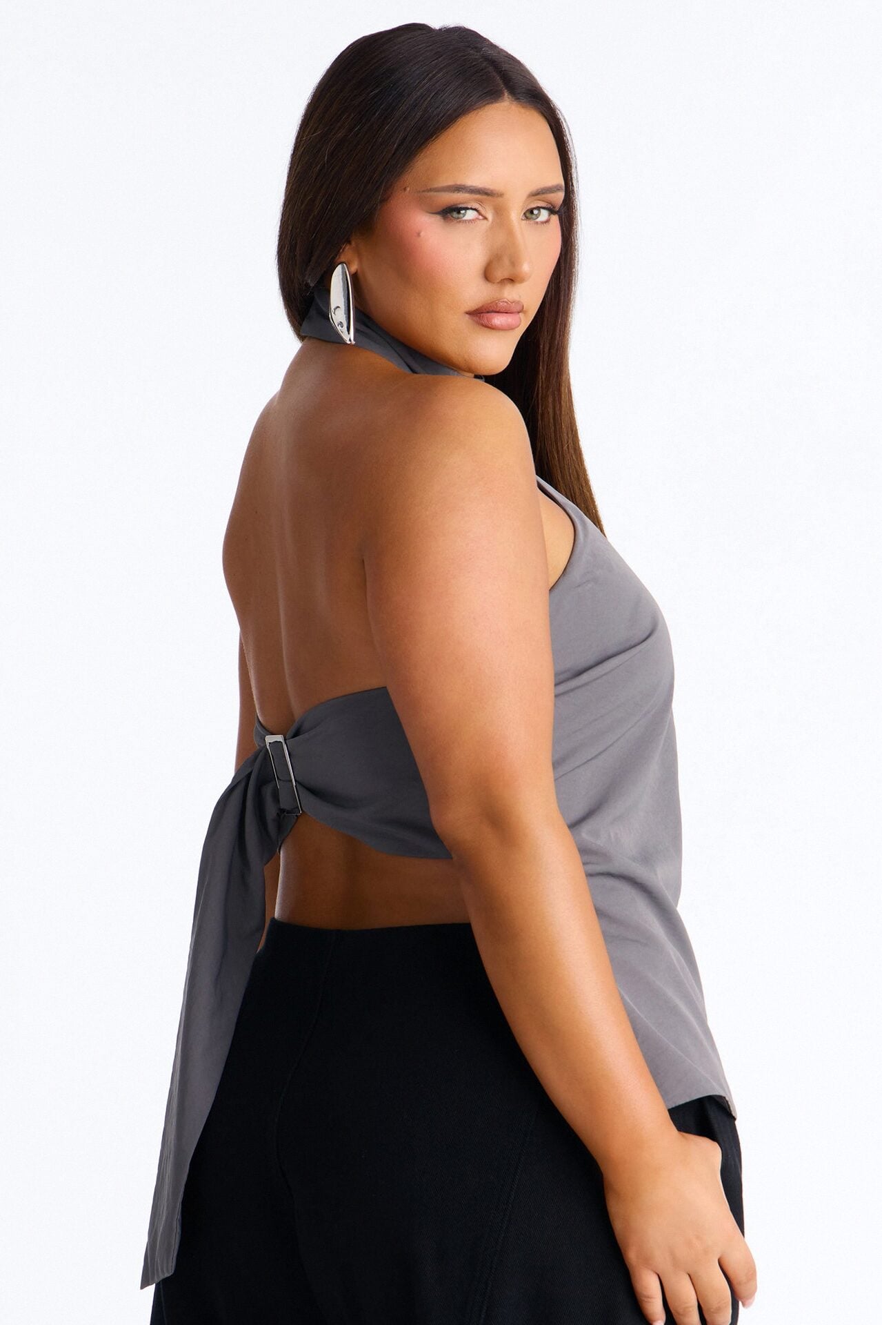 Modern Girl Belted Nylon Halter Top - Grey image 8