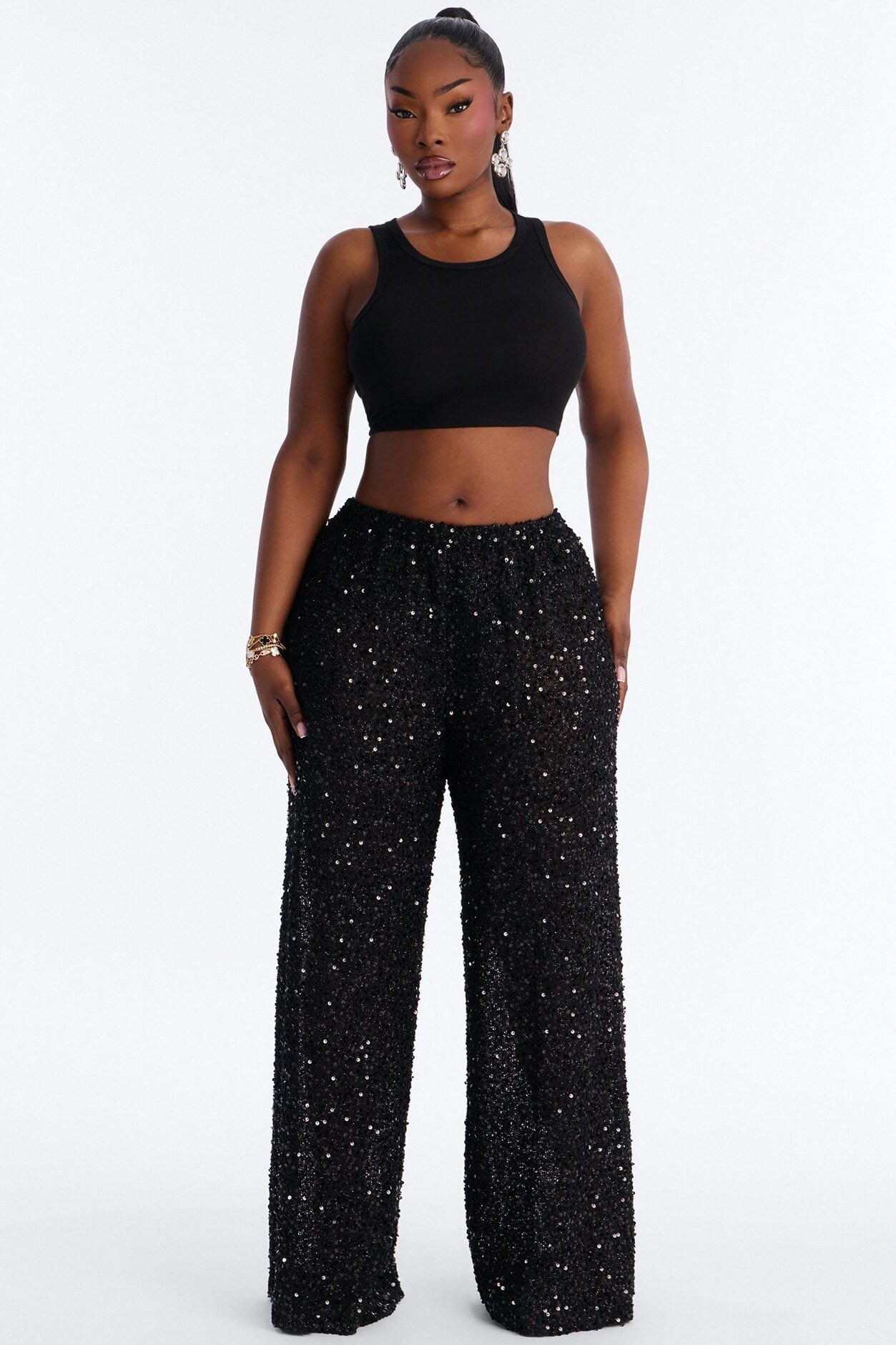 Azalea Low Rise Sequin Crochet Wide Leg Pant 33″ - Black image 5