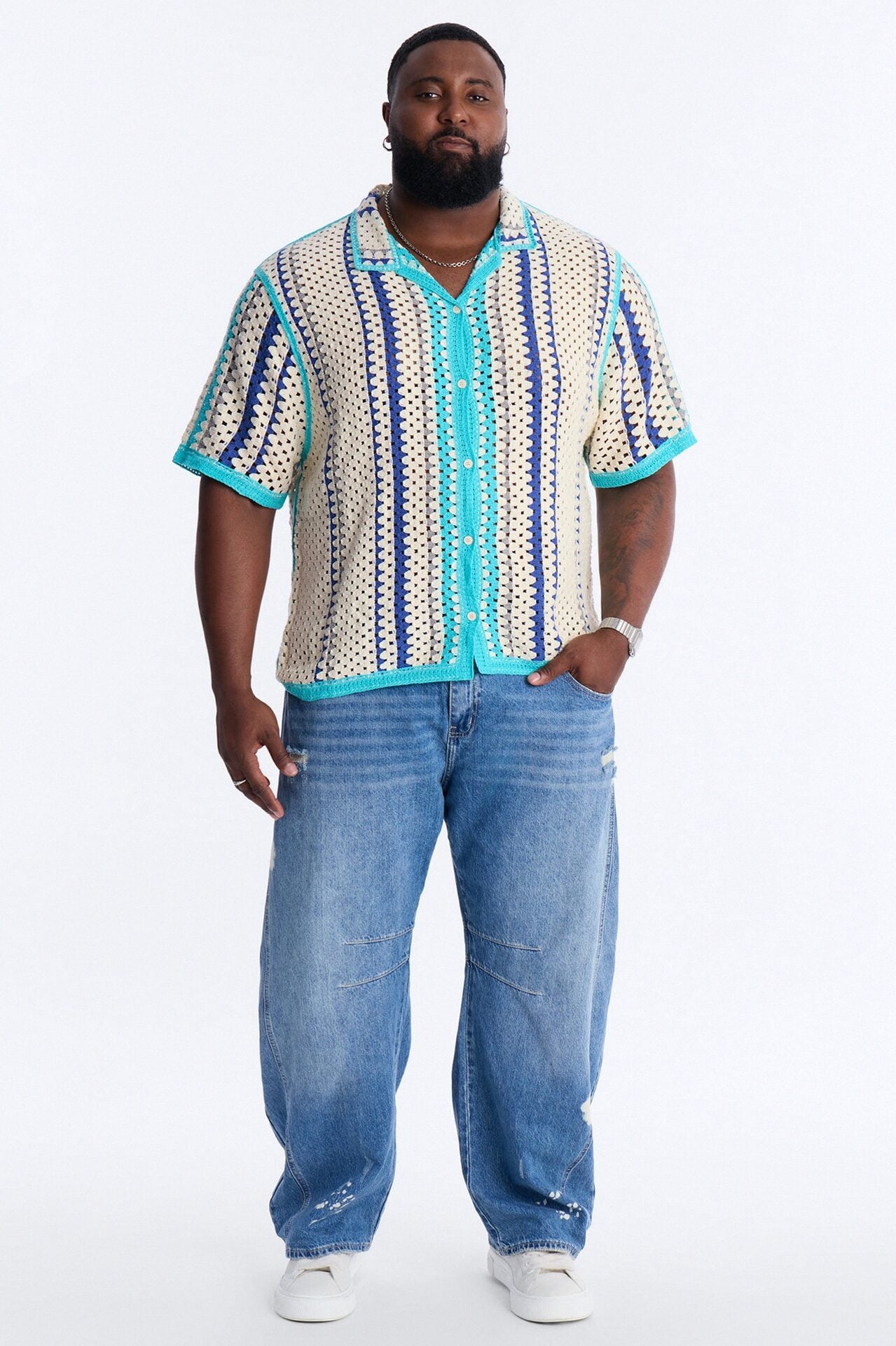 Cropped Breeze Crochet Button Up Shirt - Blue image 7