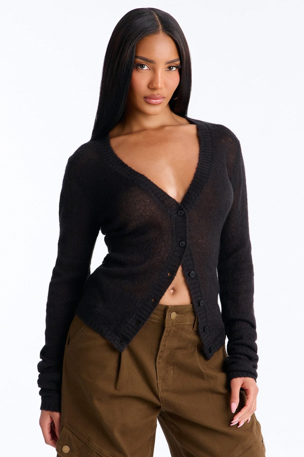 Sheer Me Out Long Sleeve Button Up Cardigan Sweater - Black image 5
