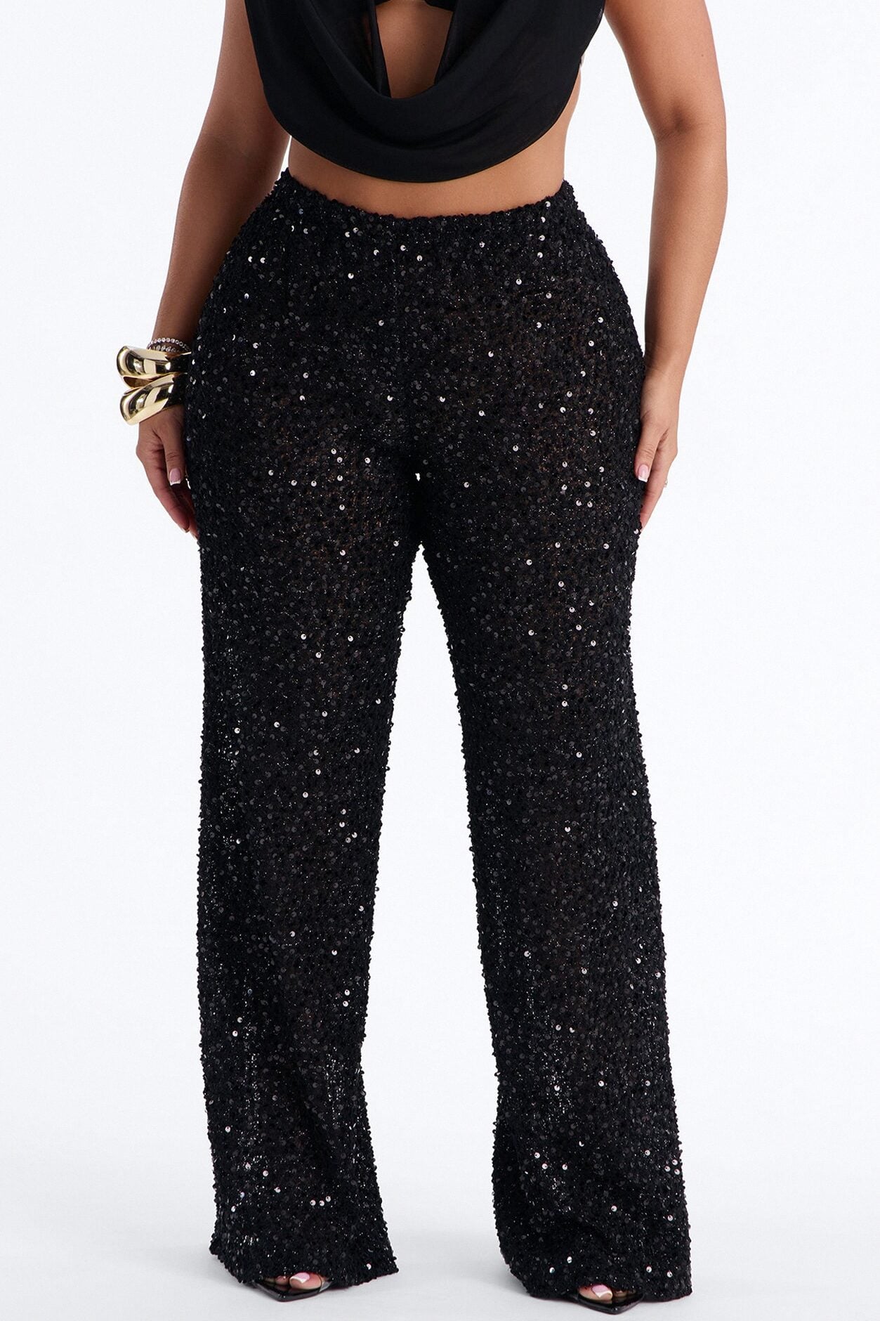 Azalea Low Rise Sequin Crochet Wide Leg Pant 33″ - Black image 2