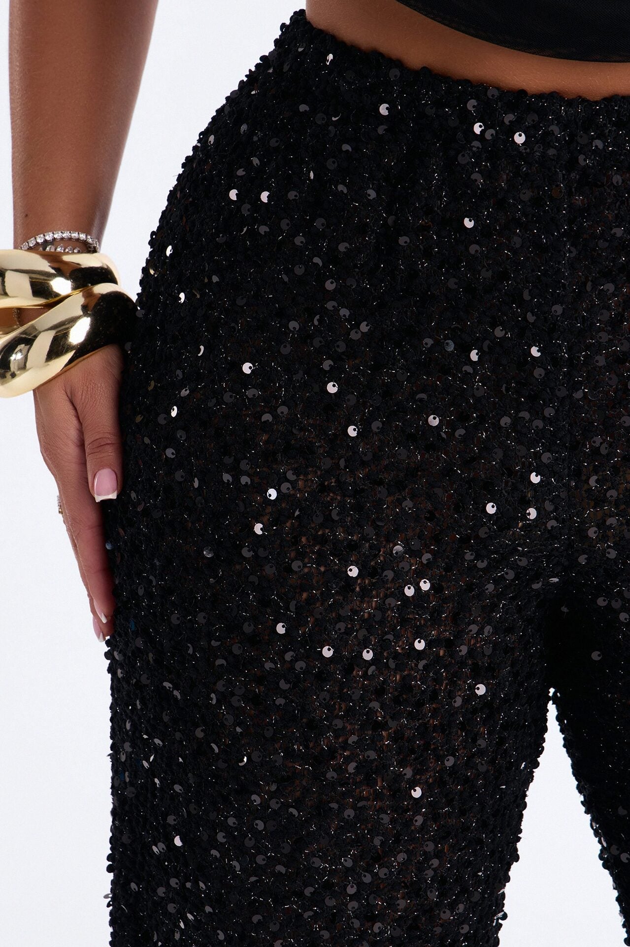 Azalea Low Rise Sequin Crochet Wide Leg Pant 33″ - Black image 3