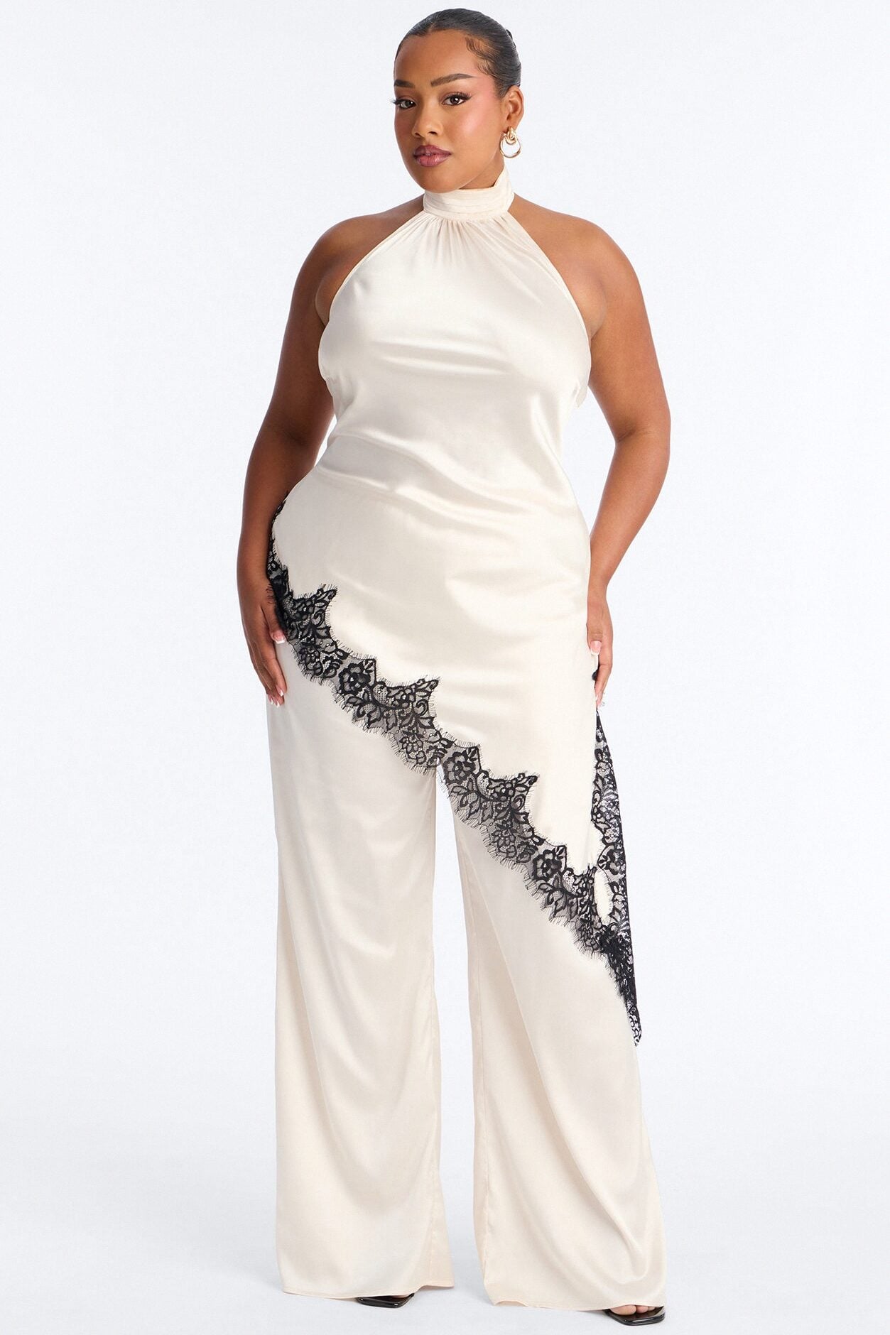 Angela Satin Lace Trim Pant Set - Cream image 5