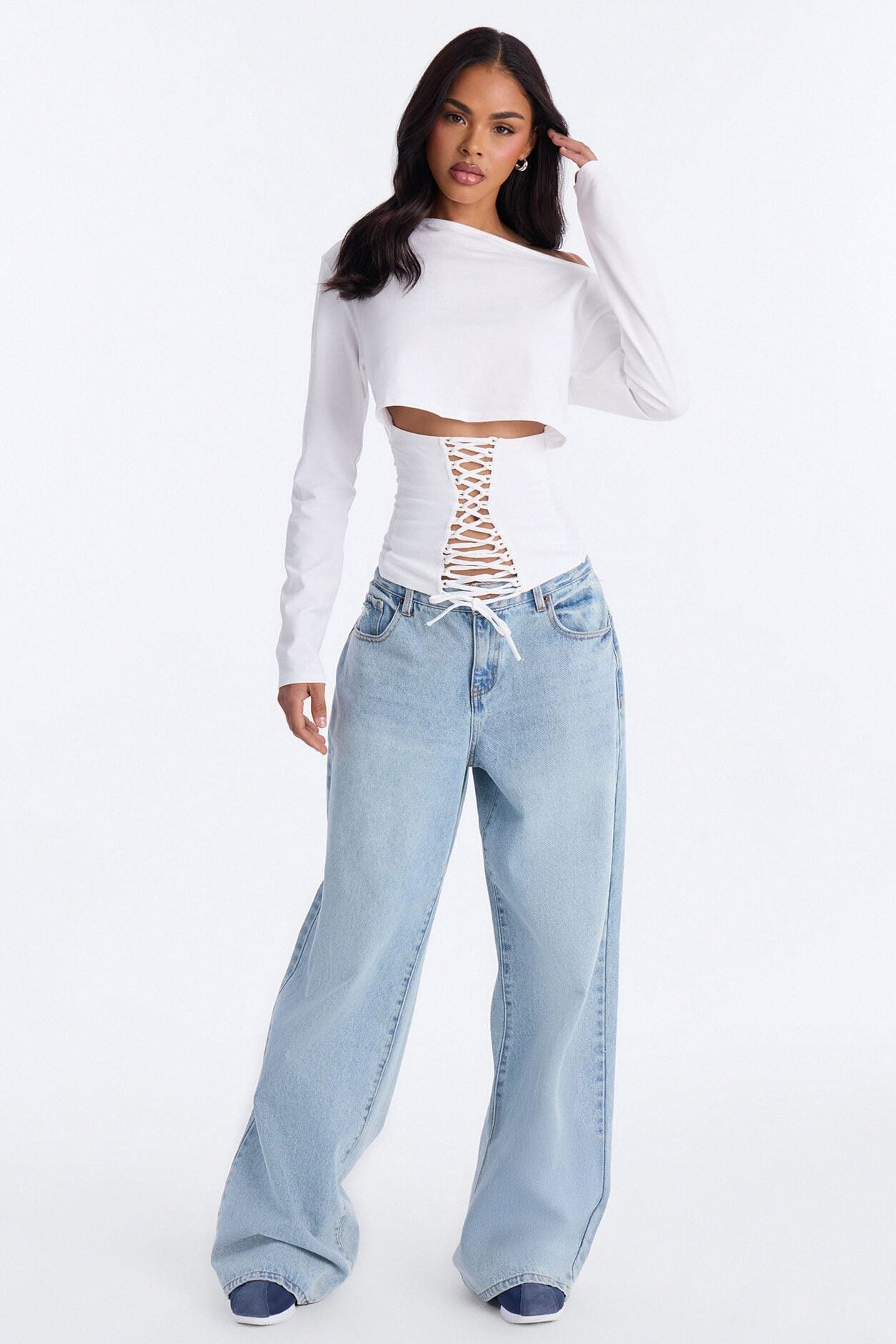 Olandria Off Shoulder Lace Up Long Sleeve Top - White image 2