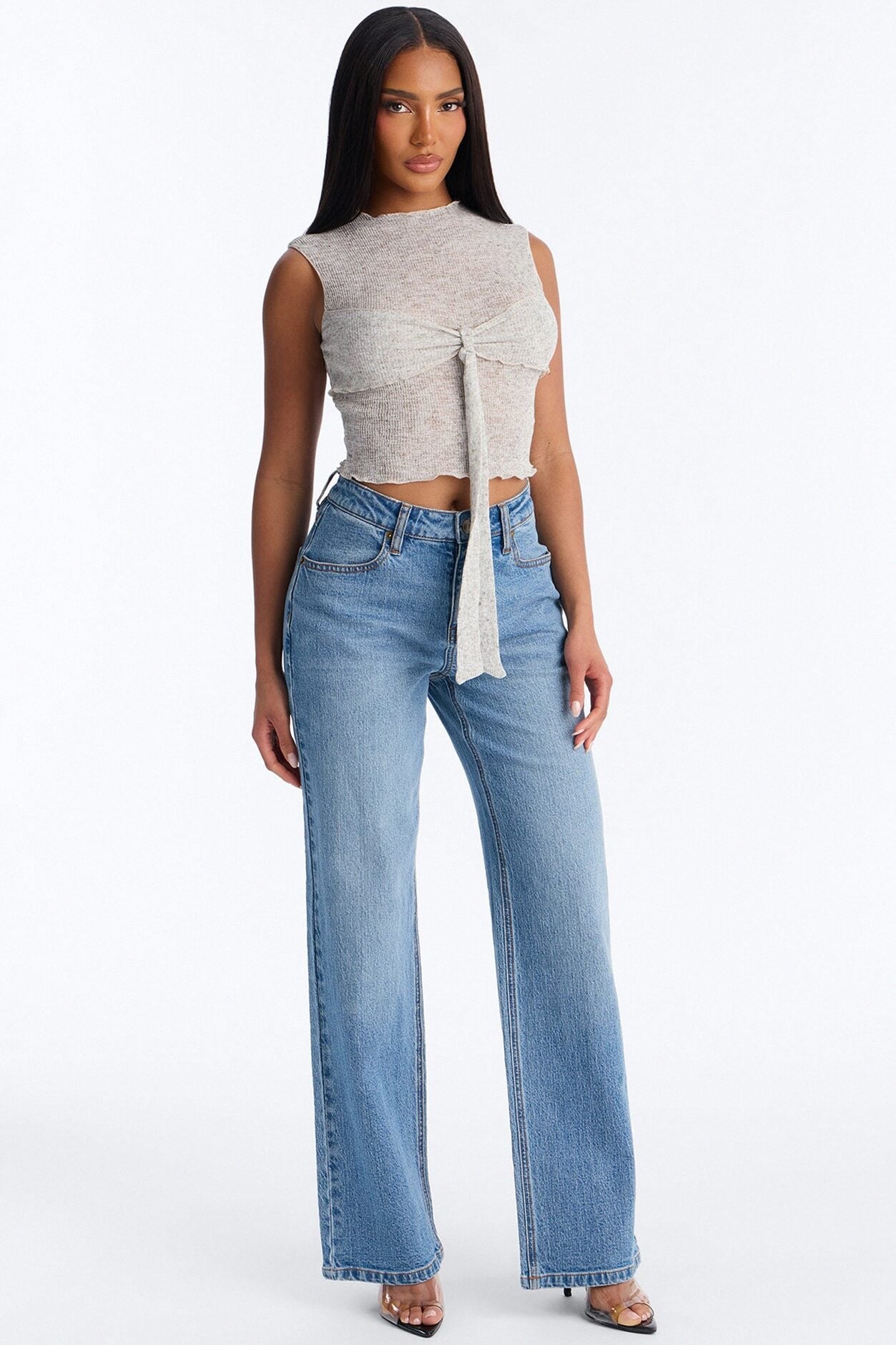Heather Mock Neck Tie Sleeveless Top - Grey/combo image 2