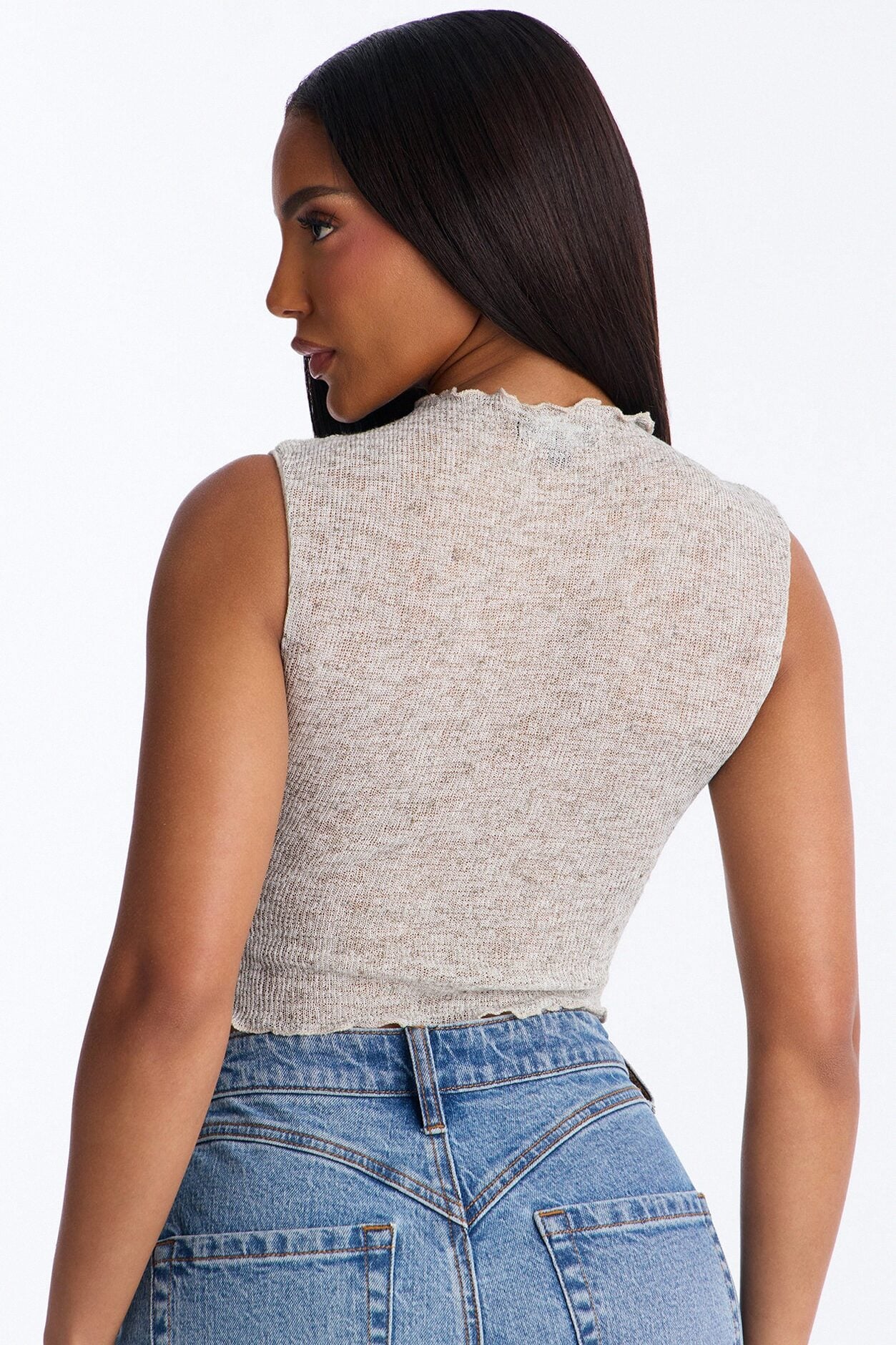 Heather Mock Neck Tie Sleeveless Top - Grey/combo image 4