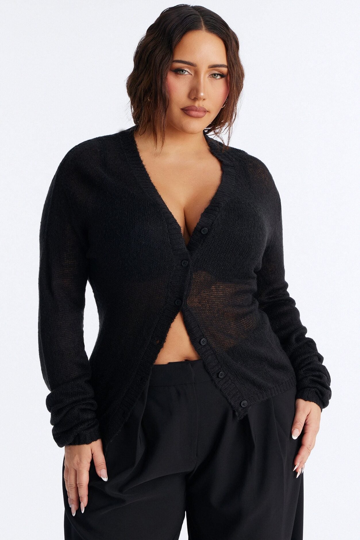 Sheer Me Out Long Sleeve Button Up Cardigan Sweater - Black image 1