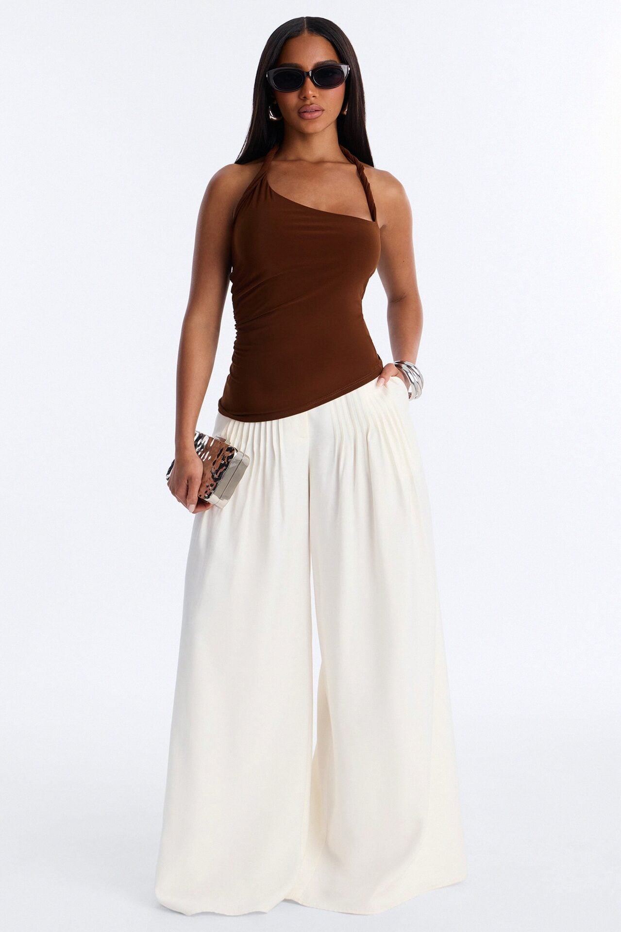 Maddy Asymmetrical Twist Ruched Halter Top - Brown image 2