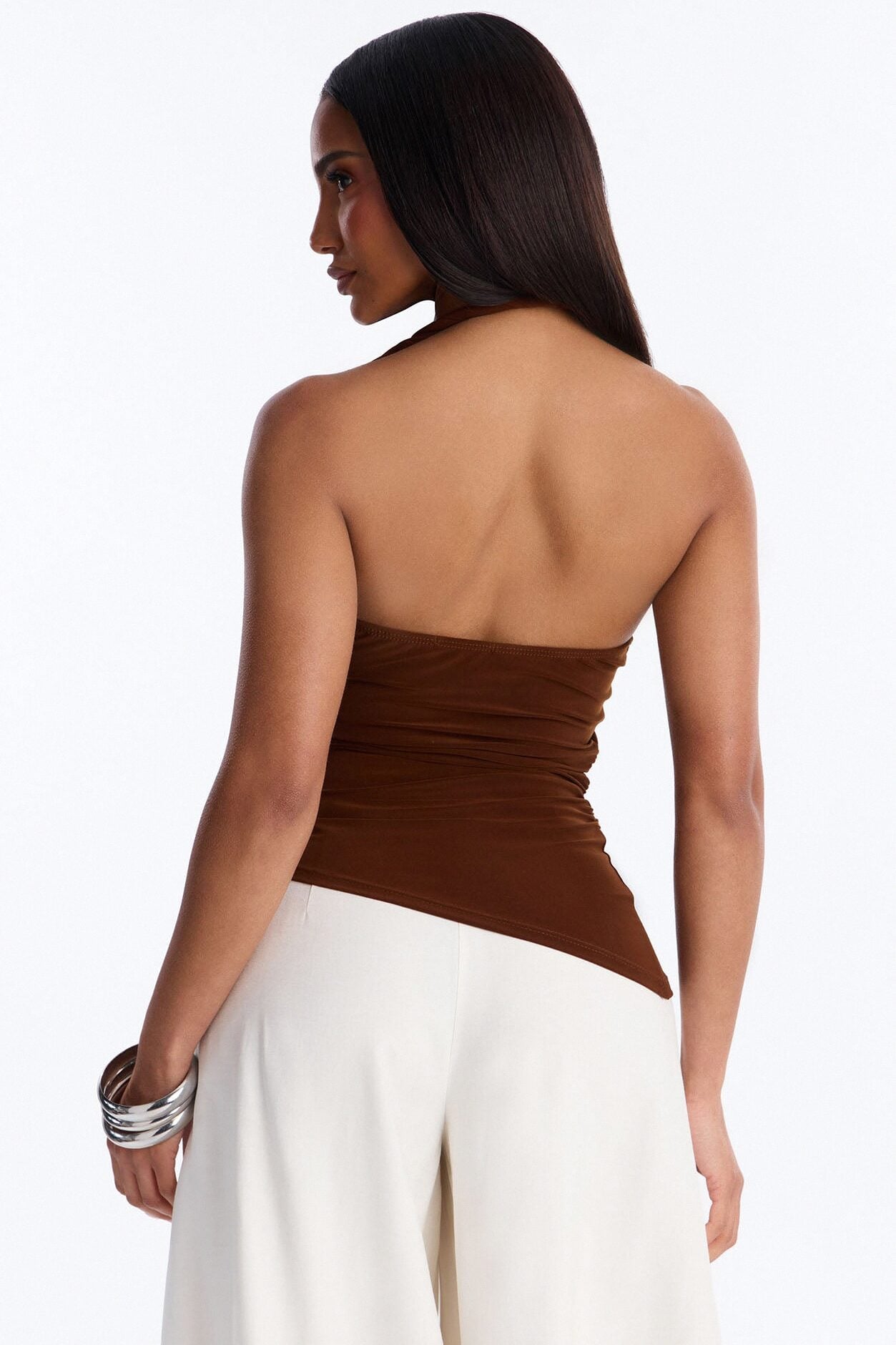 Maddy Asymmetrical Twist Ruched Halter Top - Brown image 4